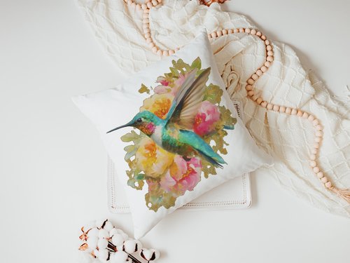 Watercolor Hummingbird Throw Pillow