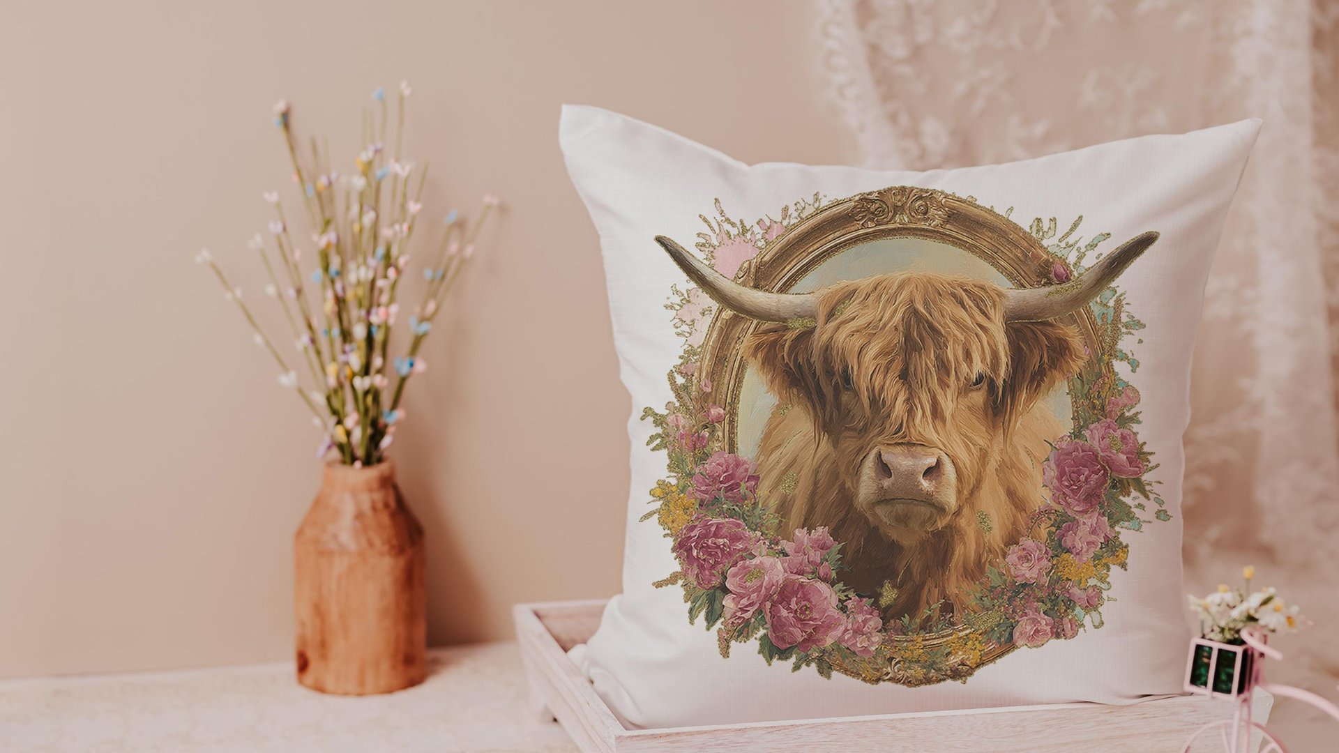shaggy cow pillow cover 18x18 fall style gift, highland cow kitchen decor, floral cow kitchen towels, fall host gift, cute cow gifts for cow