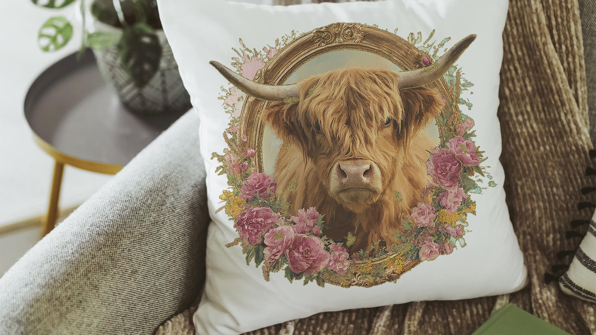 shaggy cow pillow cover 18x18 fall style gift, highland cow kitchen decor, floral cow kitchen towels, fall host gift, cute cow gifts for cow