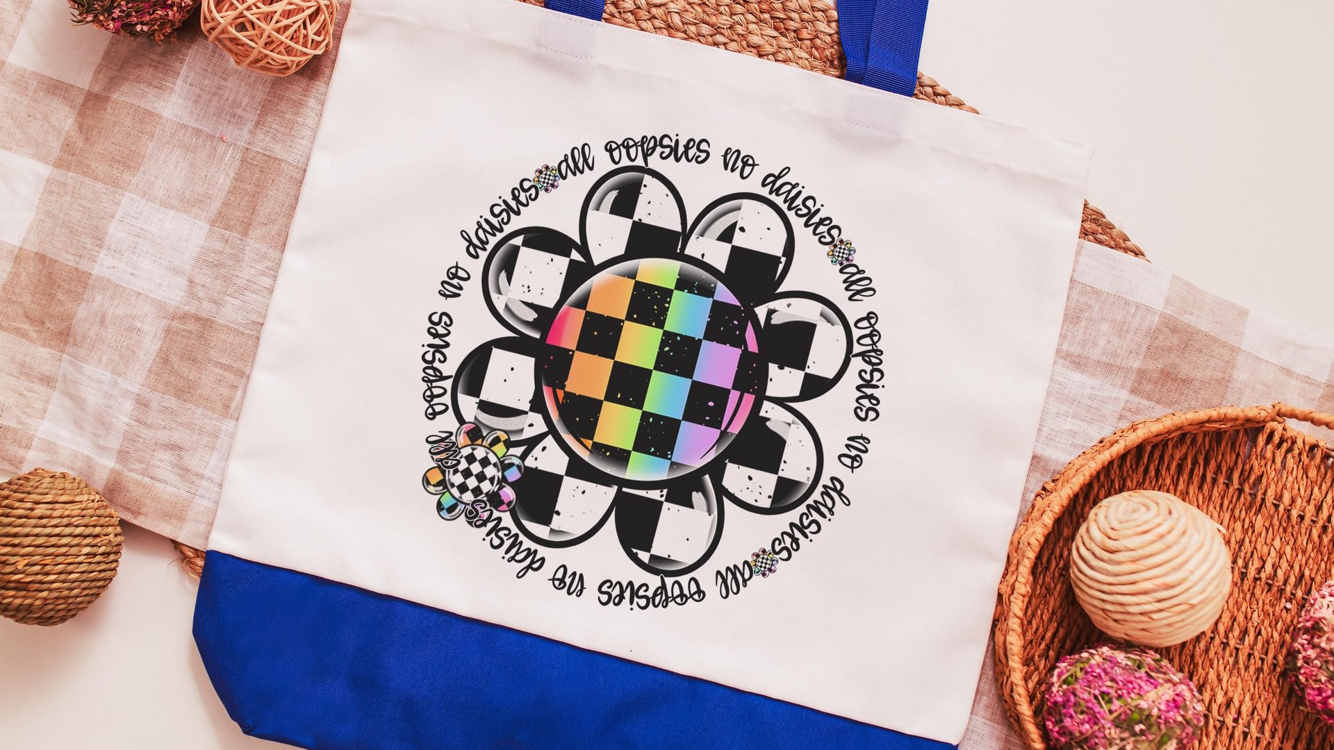 all oopsies no daisies rainbow checkered tote bag for school, funny nurse gifts for women, back to school gifts for teachers, whimsical tote