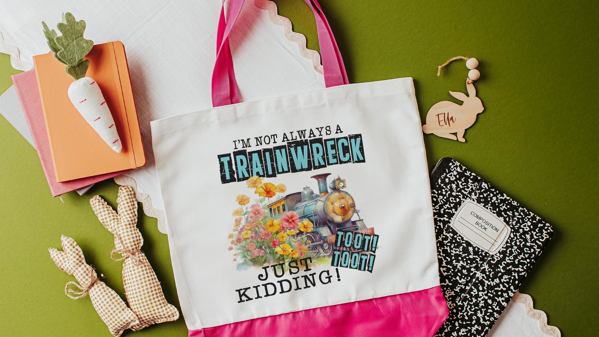 i'm not always a trainwreck funny tote bag for college students, back to school gifts for teachers, just kidding toot toot snarky tote bag