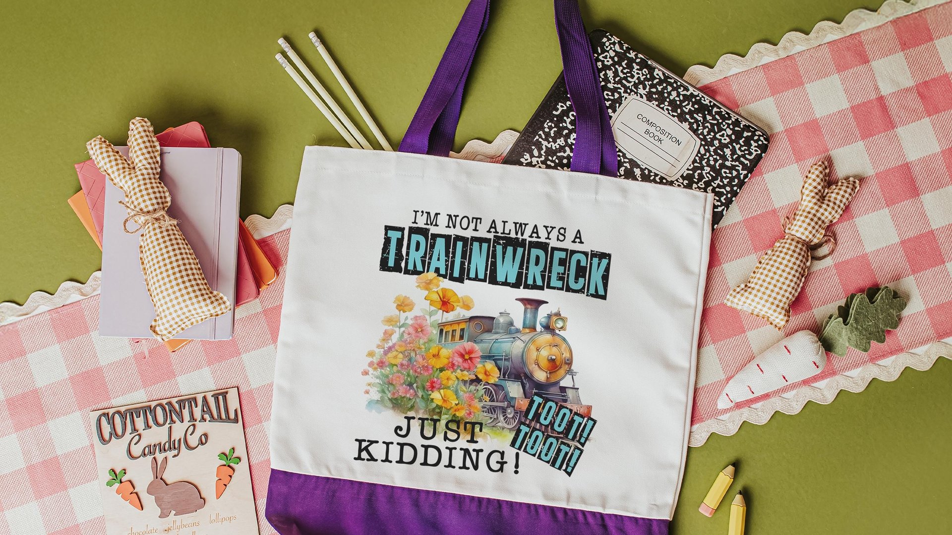 i'm not always a trainwreck funny tote bag for college students, back to school gifts for teachers, just kidding toot toot snarky tote bag