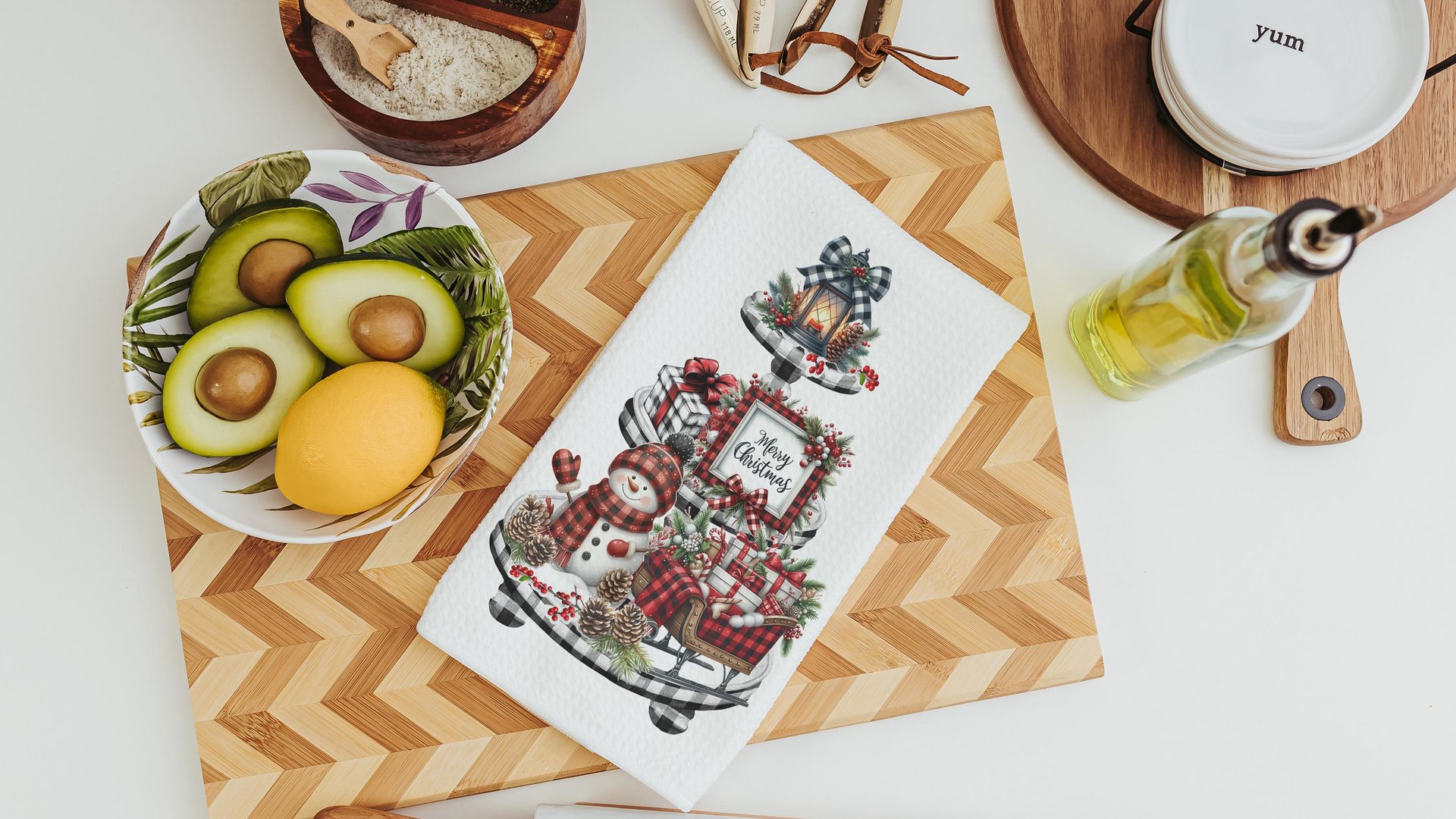 snowman Christmas kitchen towel for women, buffalo plaid Christmas kitchen decor, rustic Christmas gift for her, buffalo check Christmas