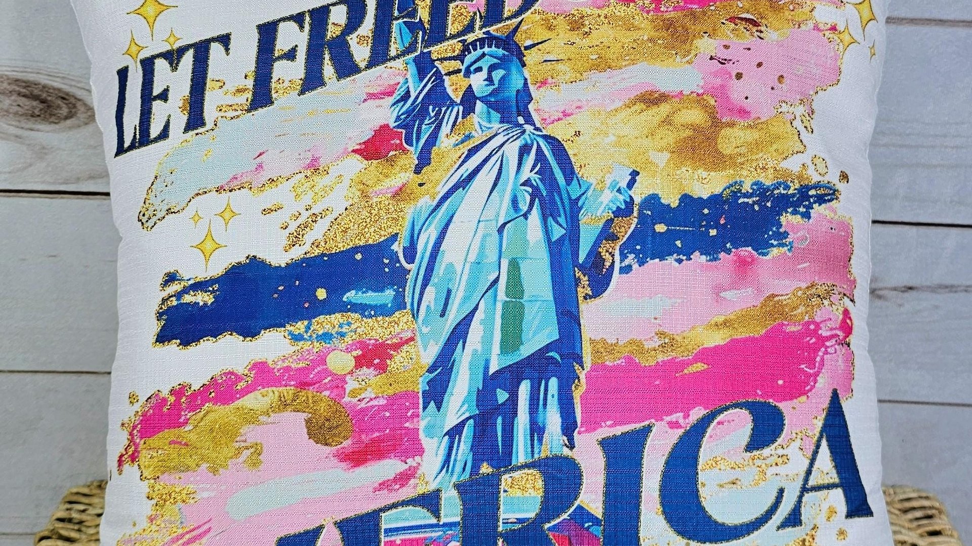 let freedom ring throw pillows for porch swing, Americana decor with pink 4th of July kitchen towels, military mom gifts, America est 1776