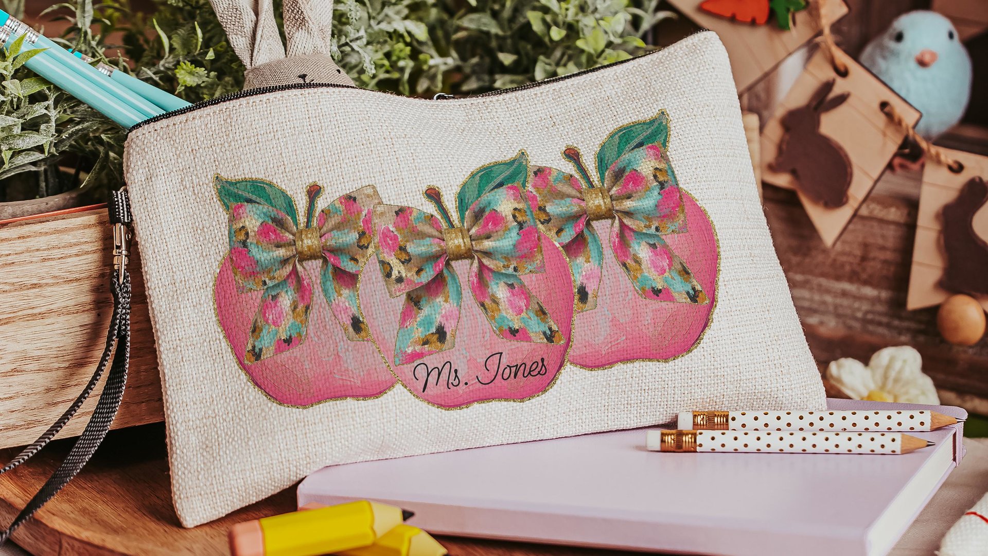 personalized cute teacher wristlet with name, apple for teacher appreciation gifts for women, end of year gifts for teachers, makeup bag for