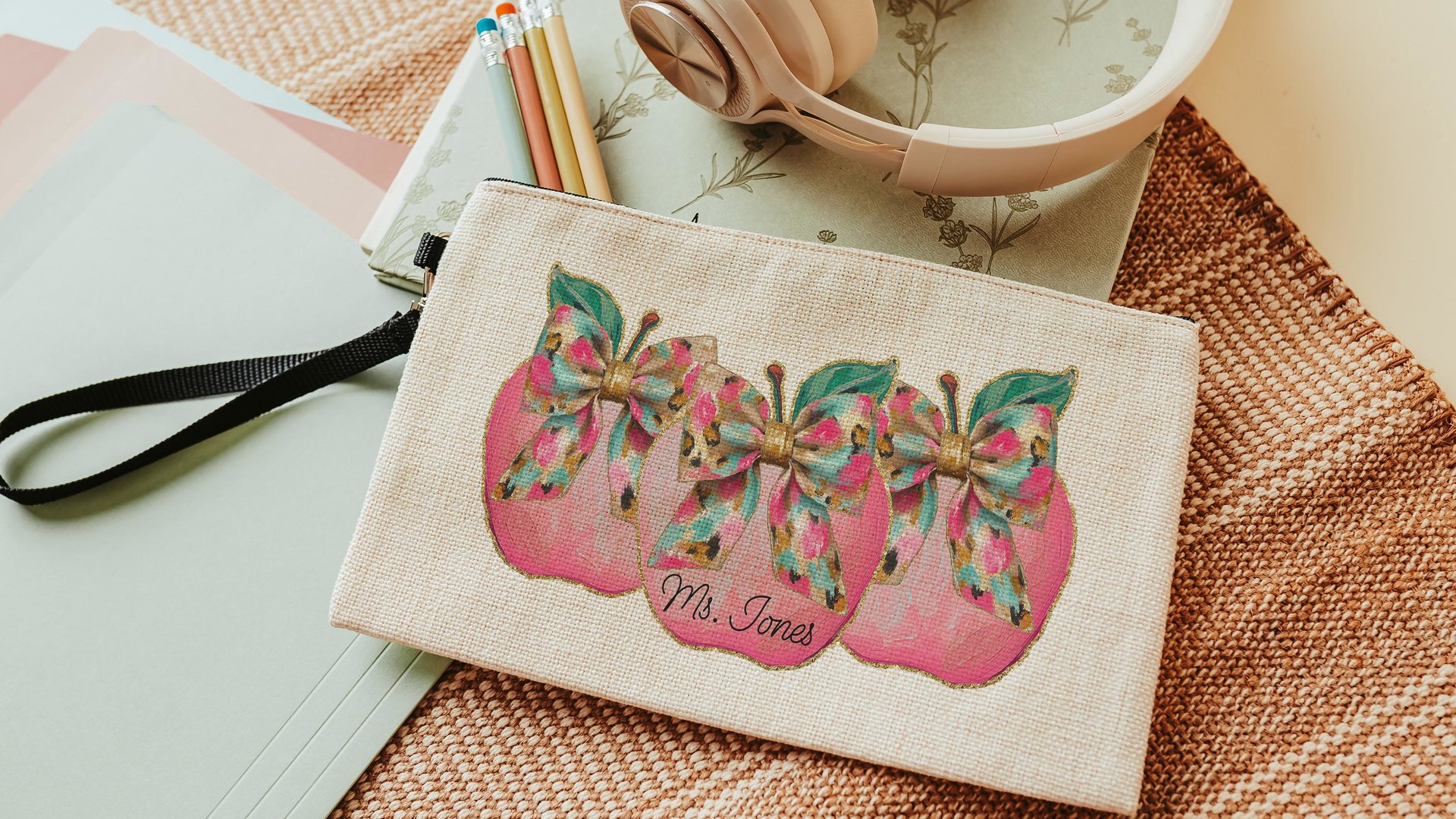 personalized cute teacher wristlet with name, apple for teacher appreciation gifts for women, end of year gifts for teachers, makeup bag for