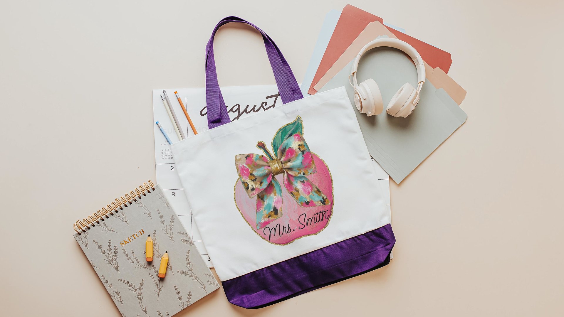 personalized watercolor apple tote bag for her, apple for teacher appreciation gifts for women, end of year gifts summer totes for teachers