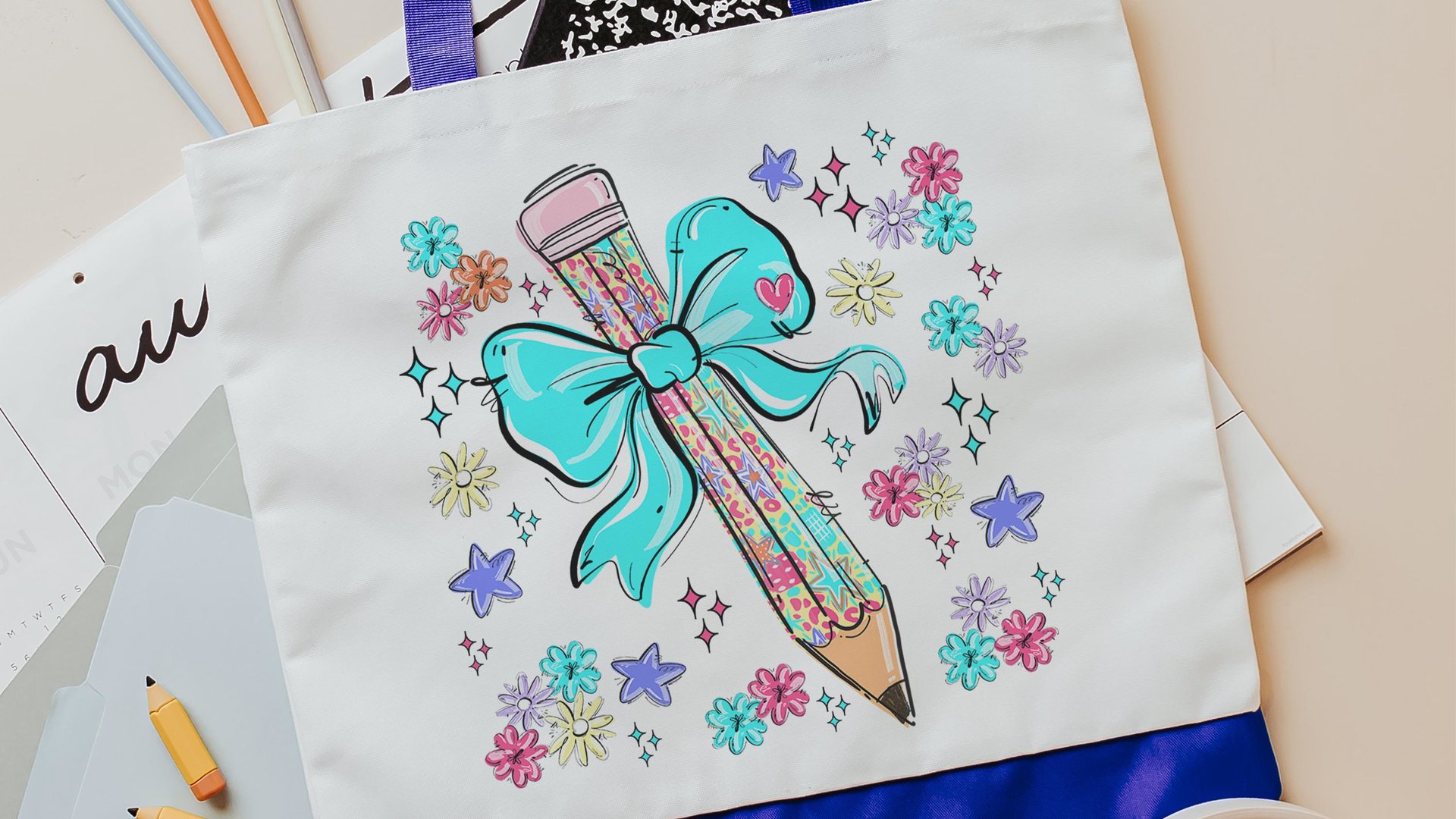 colorful leopard print teacher tote bag for books, cute teacher gifts for coworkers, pencil coquette tote bag for teachers, kindergarten