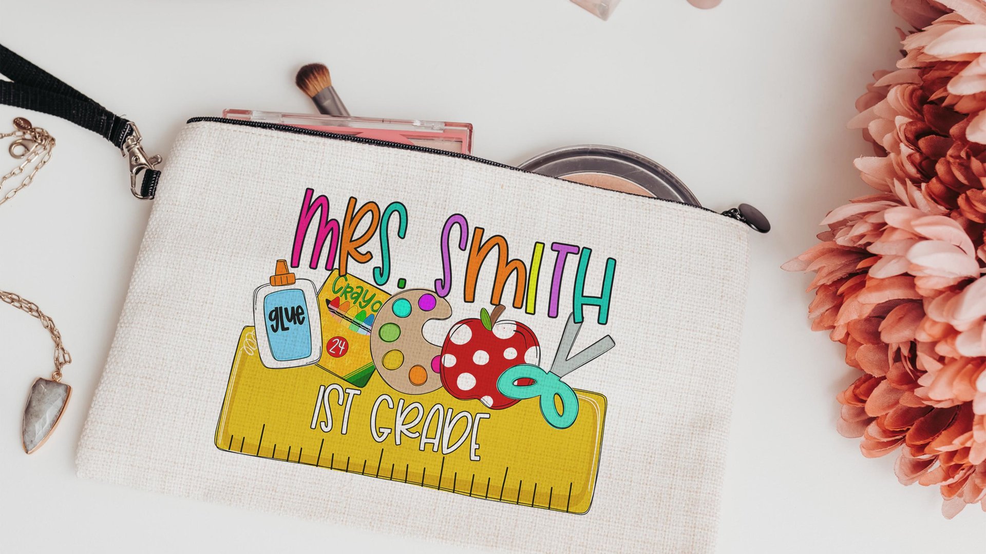 personalized pencil pouch for teachers, school supplies, cute pencil bag for purse, back to school gifts for coworkers, first grade teacher