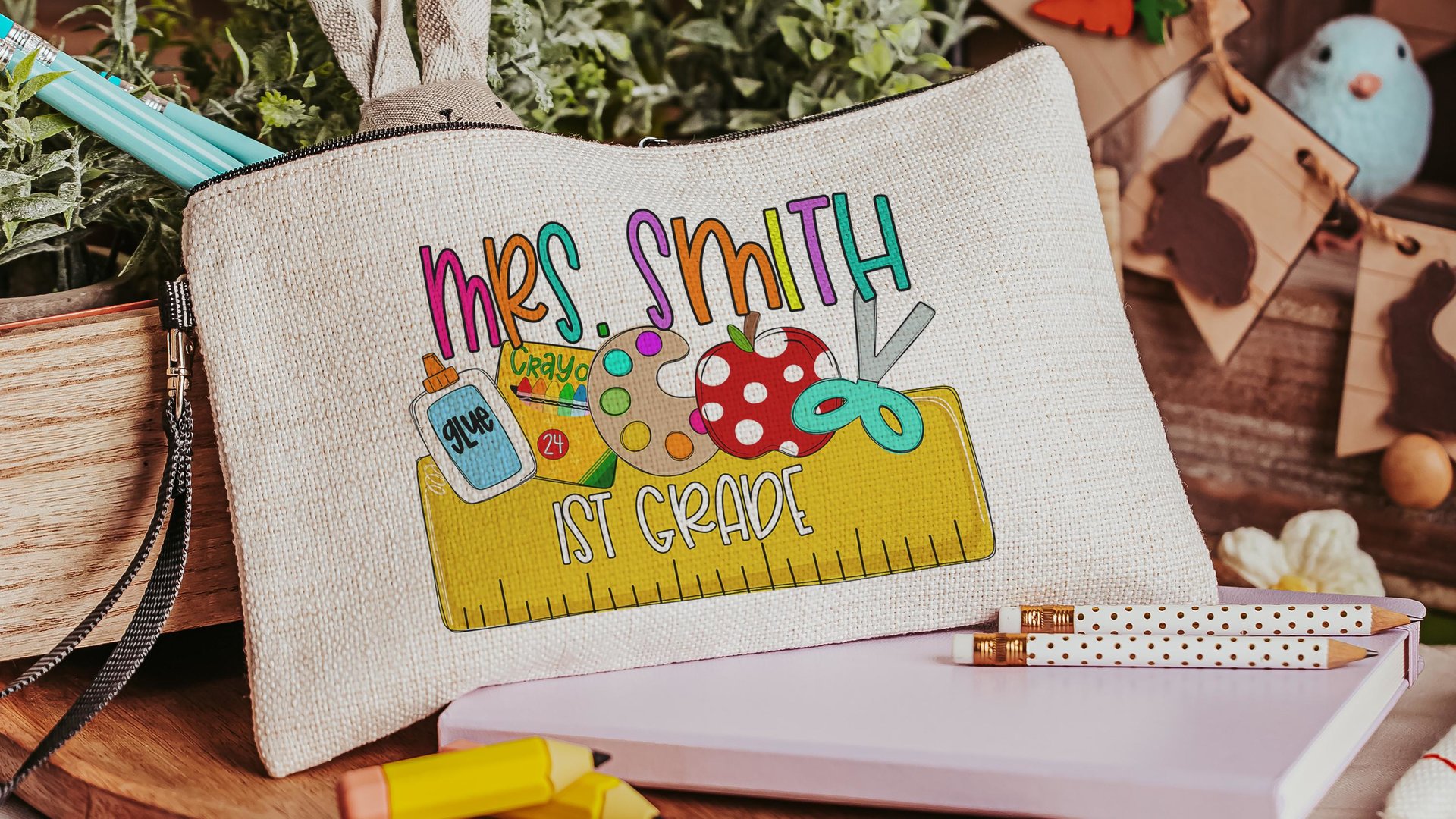 personalized pencil pouch for teachers, school supplies, cute pencil bag for purse, back to school gifts for coworkers, first grade teacher
