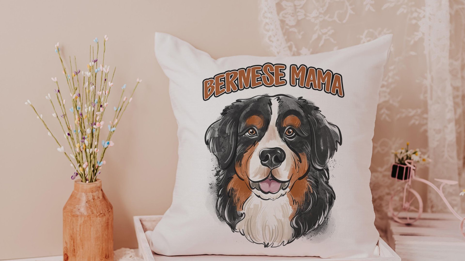 Bernese mama Berner throw pillows for couch, Bernese mountain dog gifts for women, Christmas gifts for dog lovers, dog mom decorative pillow