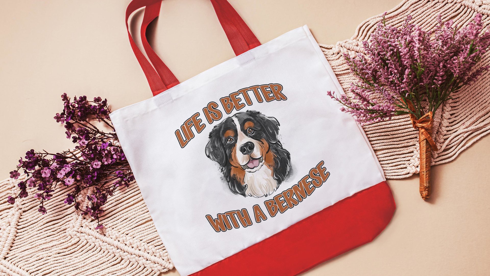 life is better with a dog bernese mountain dog tote bag for dog lover, bernese dog mom dog walking bag for women, cute dog gifts beach bag