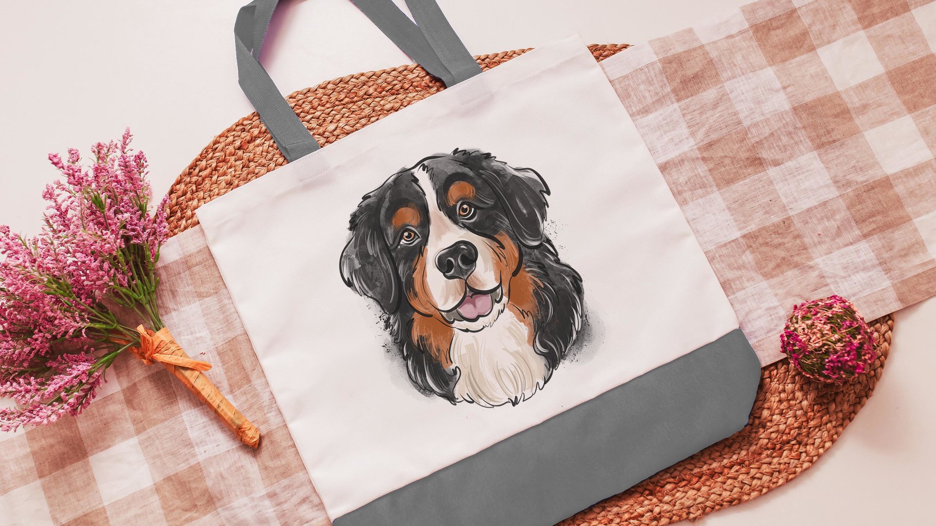 bernese mountain dog tote bag for dog lover, berner mama dog walking bag for women, cute dog gifts beach bag for friends, dog mom tote bag