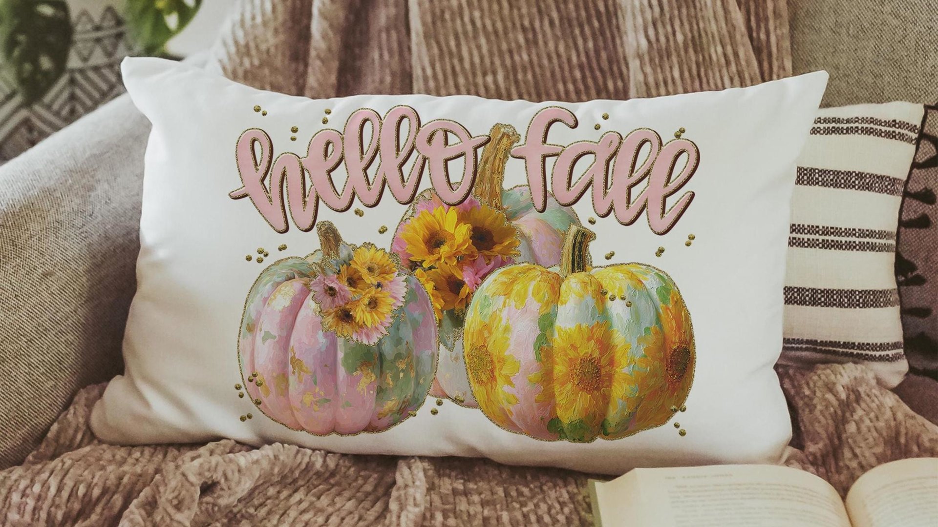 hello fall accent pillows for sofa, fall style gift, pink autumn decor, watercolor pumpkin fall decor best seller, fall host gift, sunflower