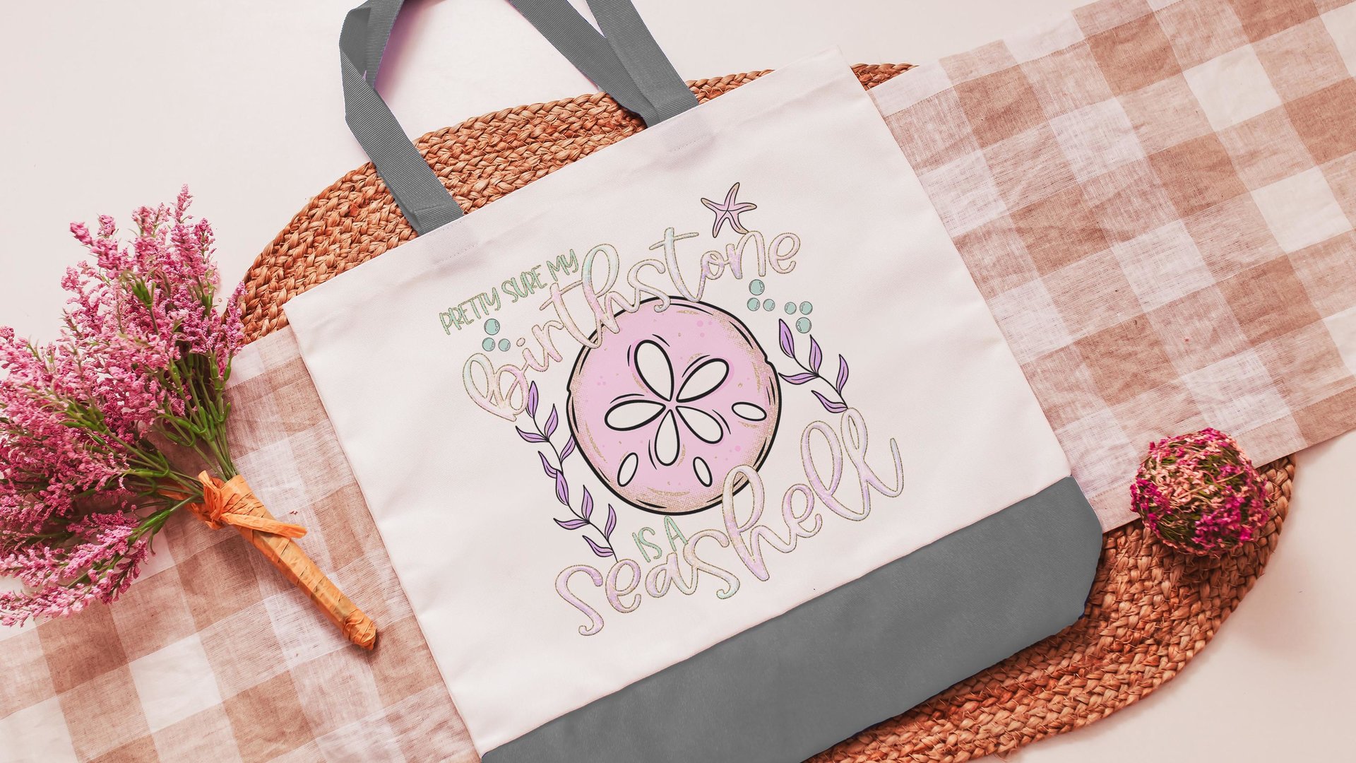 pretty sure my birthstone is a seashell sand dollar tote bag for women, funny beach bags girls trip gifts, coastal gifts for college girls