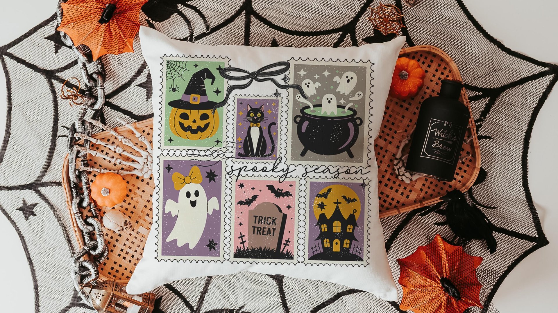spooky cute Halloween coquette throw pillow covers 18 x 18, spooky season gift for her, boo basket stuffers for adults, black cat accent