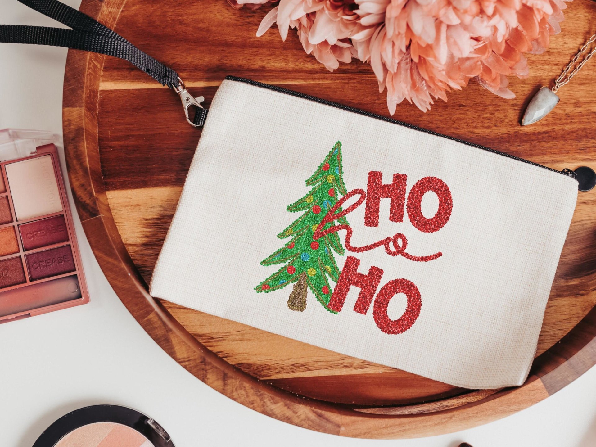 ho ho ho Christmas wristlet with strap, faux sequin Christmas tree Christmas makeup bag for women, unique stocking stuffers mom Christmas