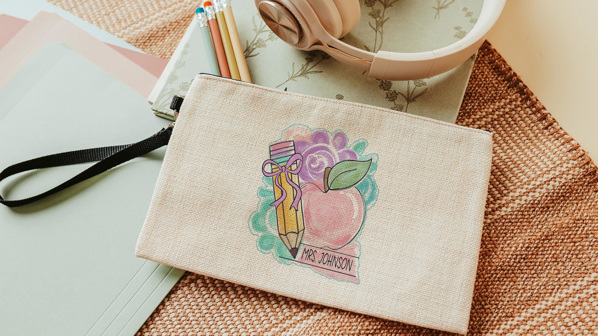 teacher coquette pencil pouch personalized pastel apple for teacher wristlet with name, cute teacher gifts for coworkers, teacher makeup bag