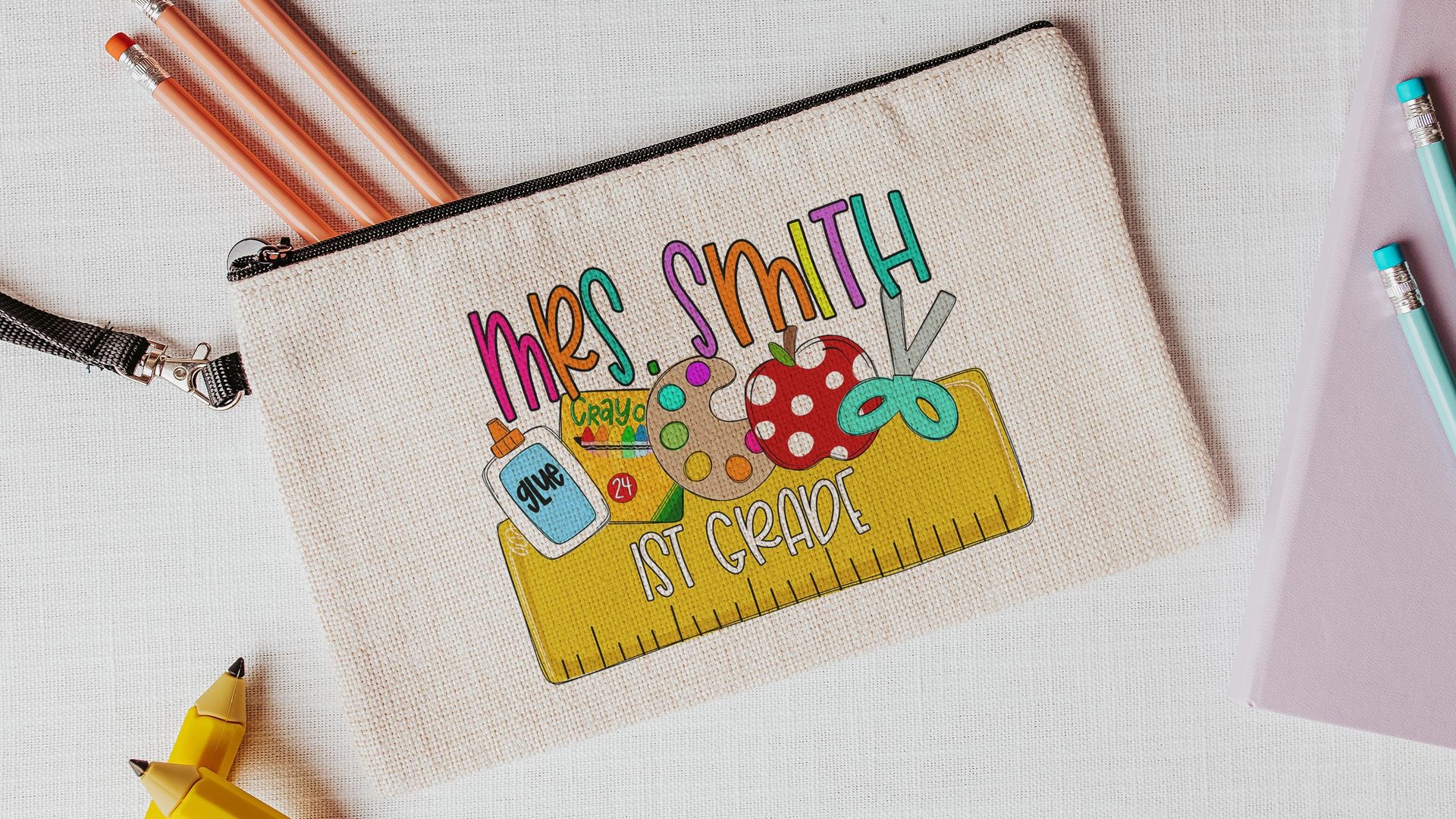 personalized pencil pouch for teachers, school supplies, cute pencil bag for purse, back to school gifts for coworkers, first grade teacher