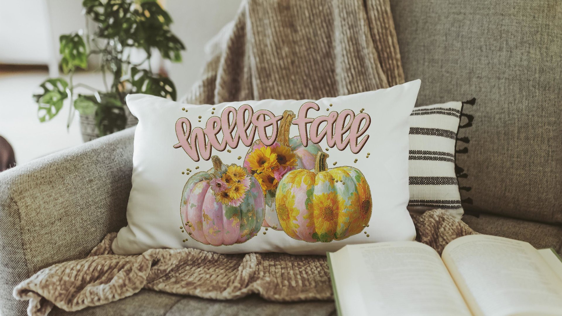 hello fall accent pillows for sofa, fall style gift, pink autumn decor, watercolor pumpkin fall decor best seller, fall host gift, sunflower