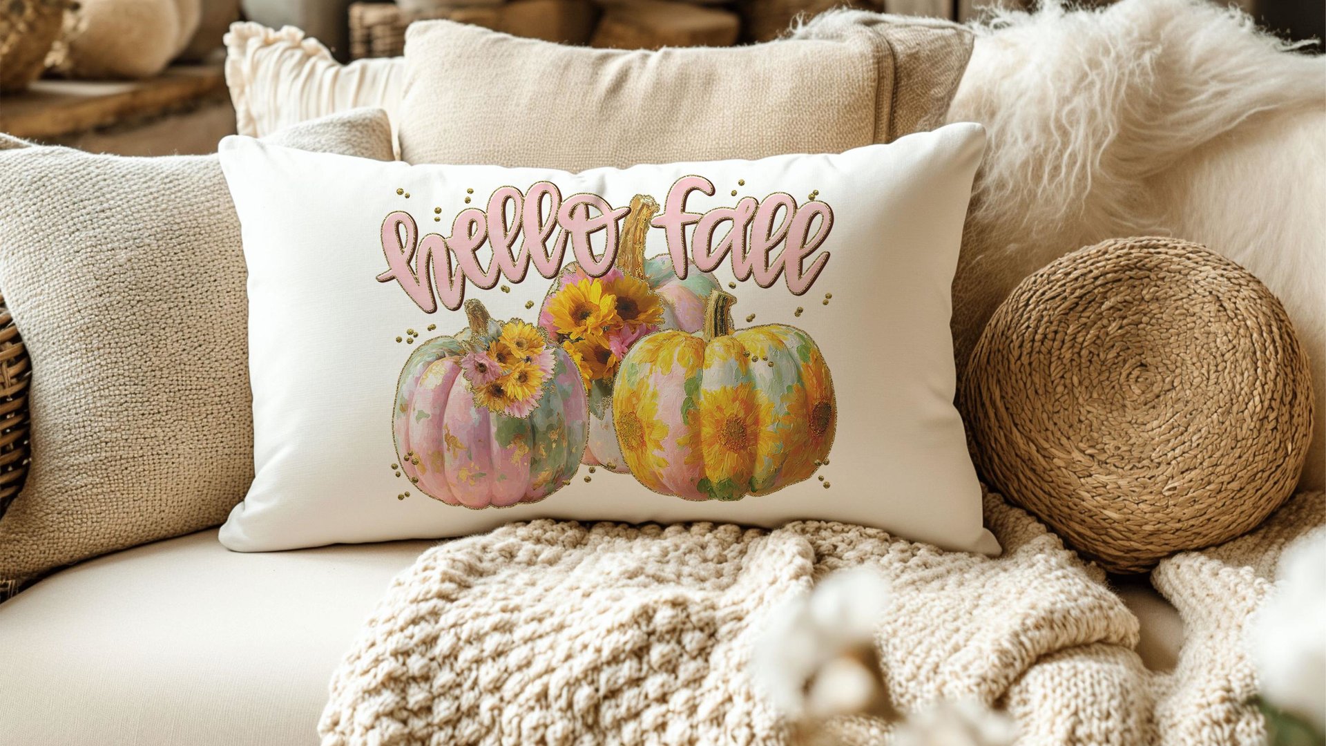 hello fall accent pillows for sofa, fall style gift, pink autumn decor, watercolor pumpkin fall decor best seller, fall host gift, sunflower
