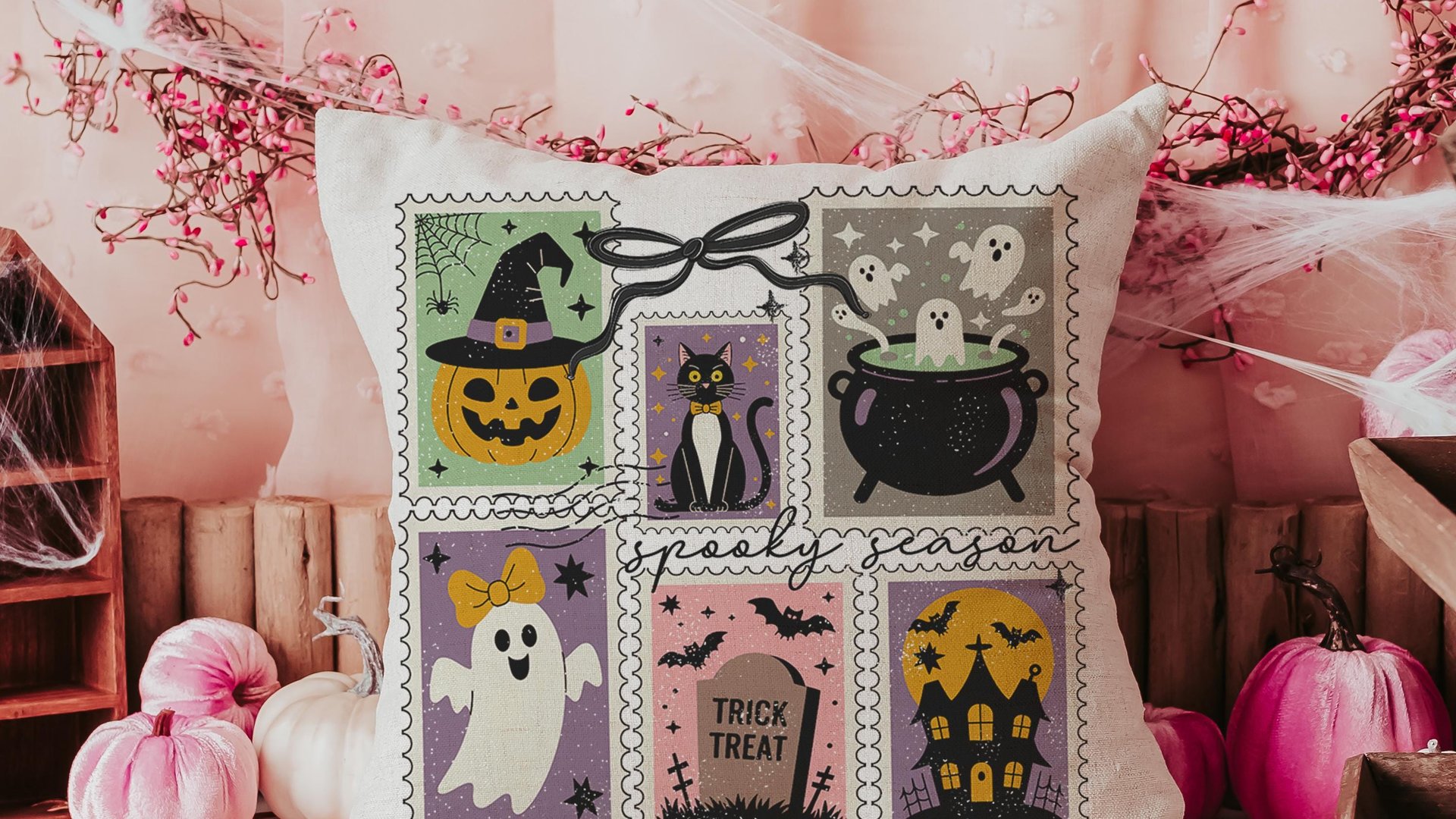 spooky cute Halloween coquette throw pillow covers 18 x 18, spooky season gift for her, boo basket stuffers for adults, black cat accent