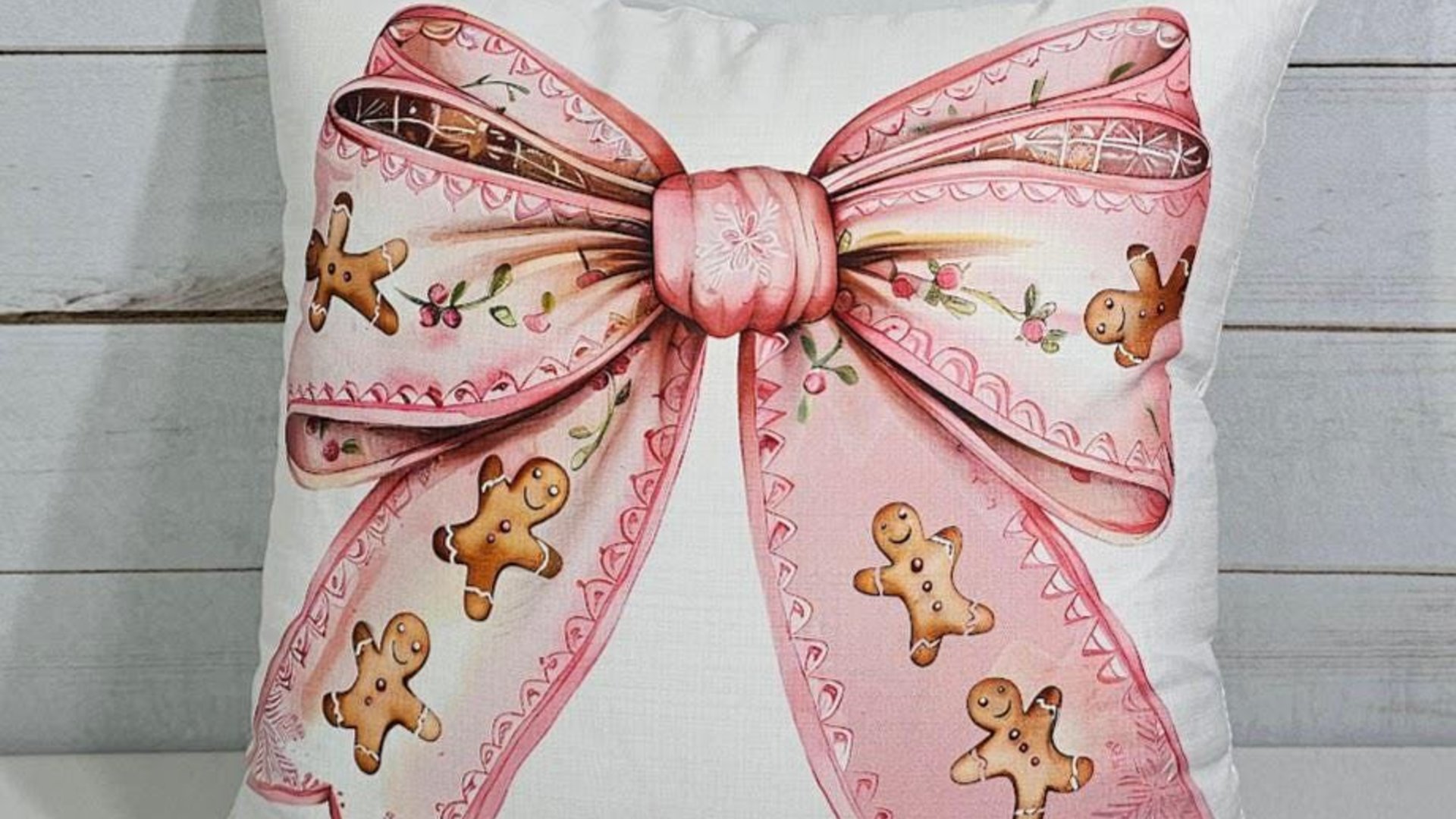 pink gingerbread throw pillow for couch, coquette Christmas kitchen towels for friends, grand millennial Christmas decor for home, cute