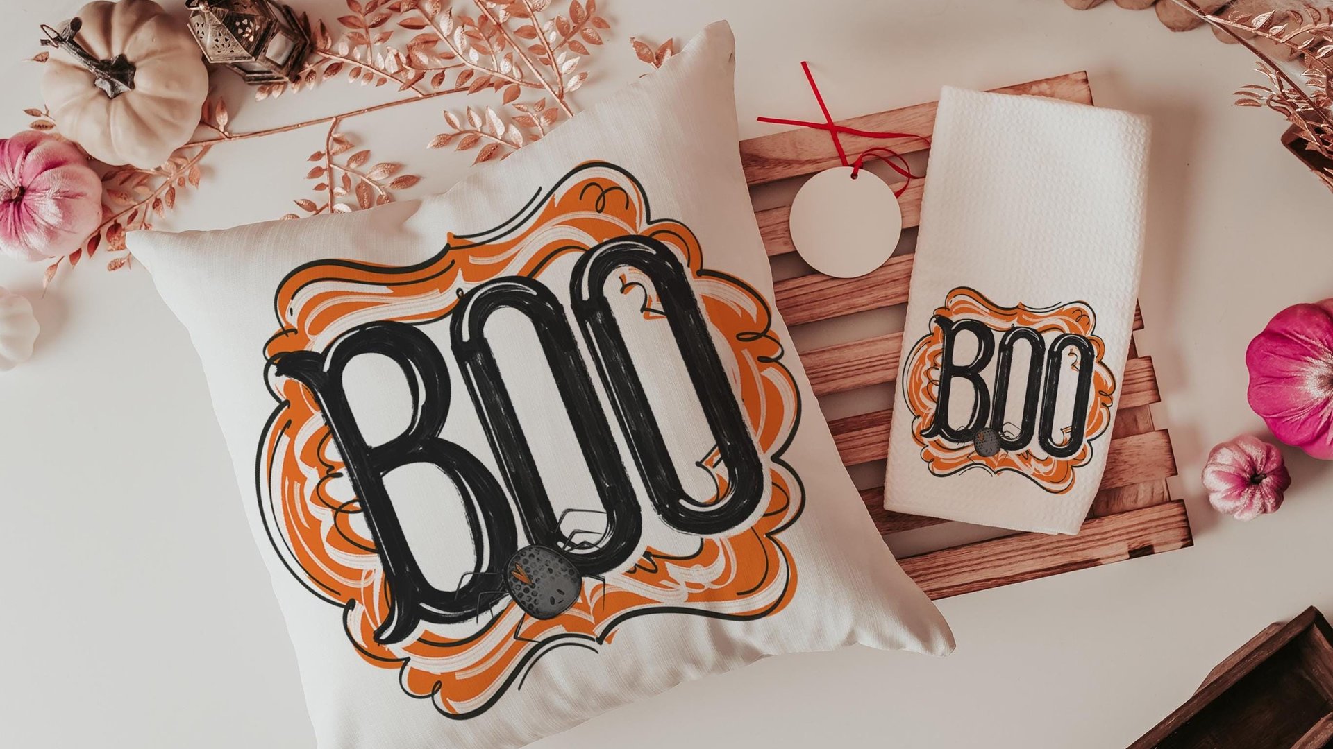 boo Halloween throw pillows for chair, boo basket gifts for her, cute spider Halloween kitchen towels, spooky season gifts, fall host gift