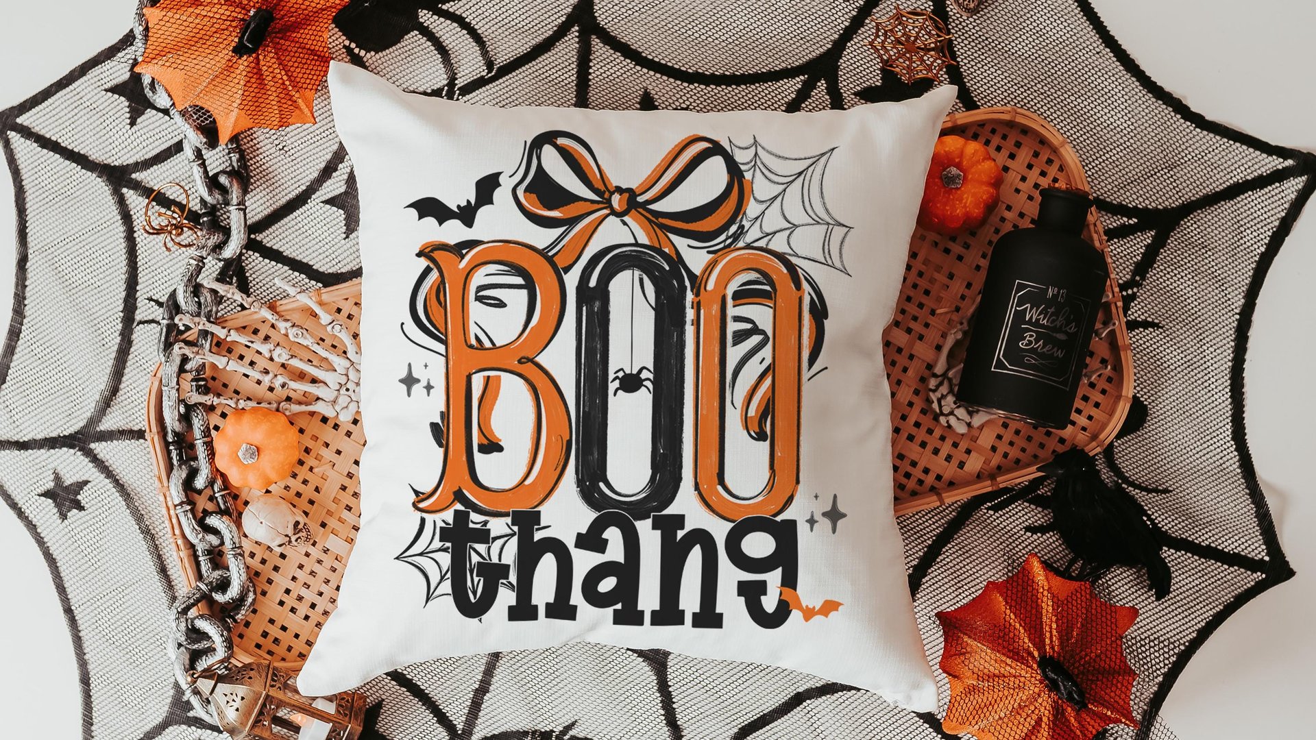 boo thang funny Halloween throw pillows for chair, boo basket stuffers for adults, Halloween coquette kitchen towels, spooky season gifts