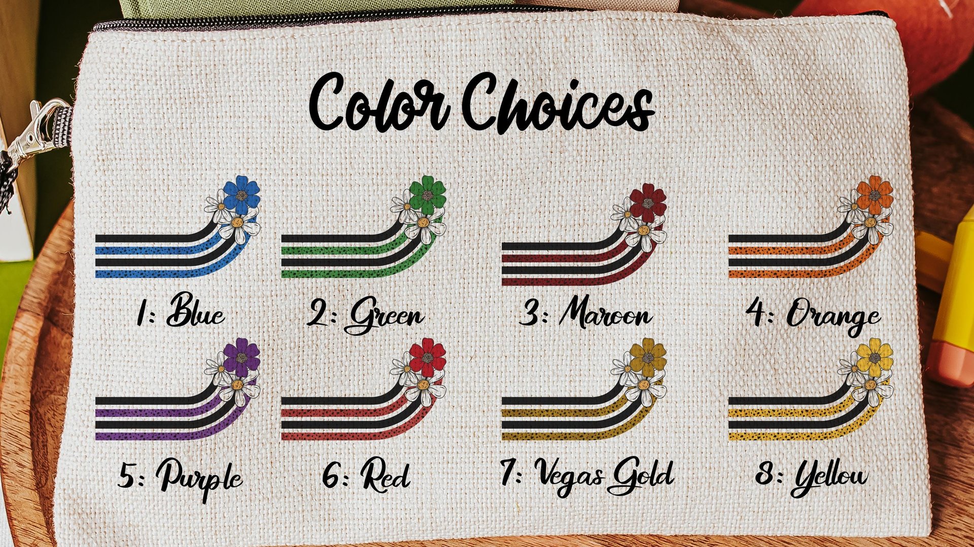 orange and white daisy pencil pouch personalized cute makeup bag, orange school spirit school supplies, first grade teacher gifts for women