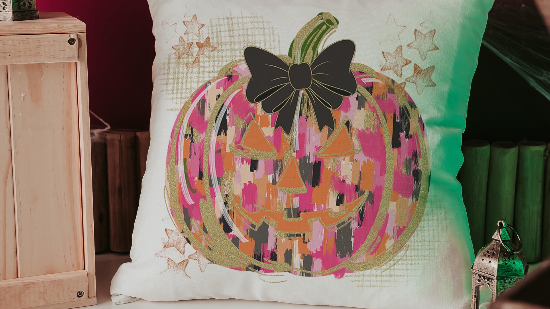 hot pink Halloween pumpkin throw pillows for couch, trendy pumpkin season jack o lantern coquette pillow cover 18 x 18, boo basket stuffers