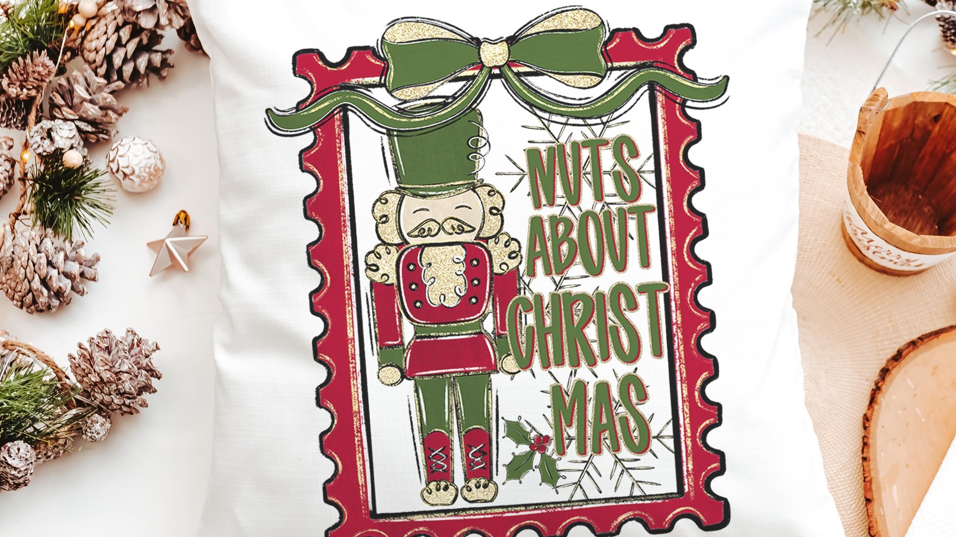 Nuts about Christmas nutcracker throw pillow for couch, coquette Christmas kitchen towels for friends, grand millennial Christmas decor for