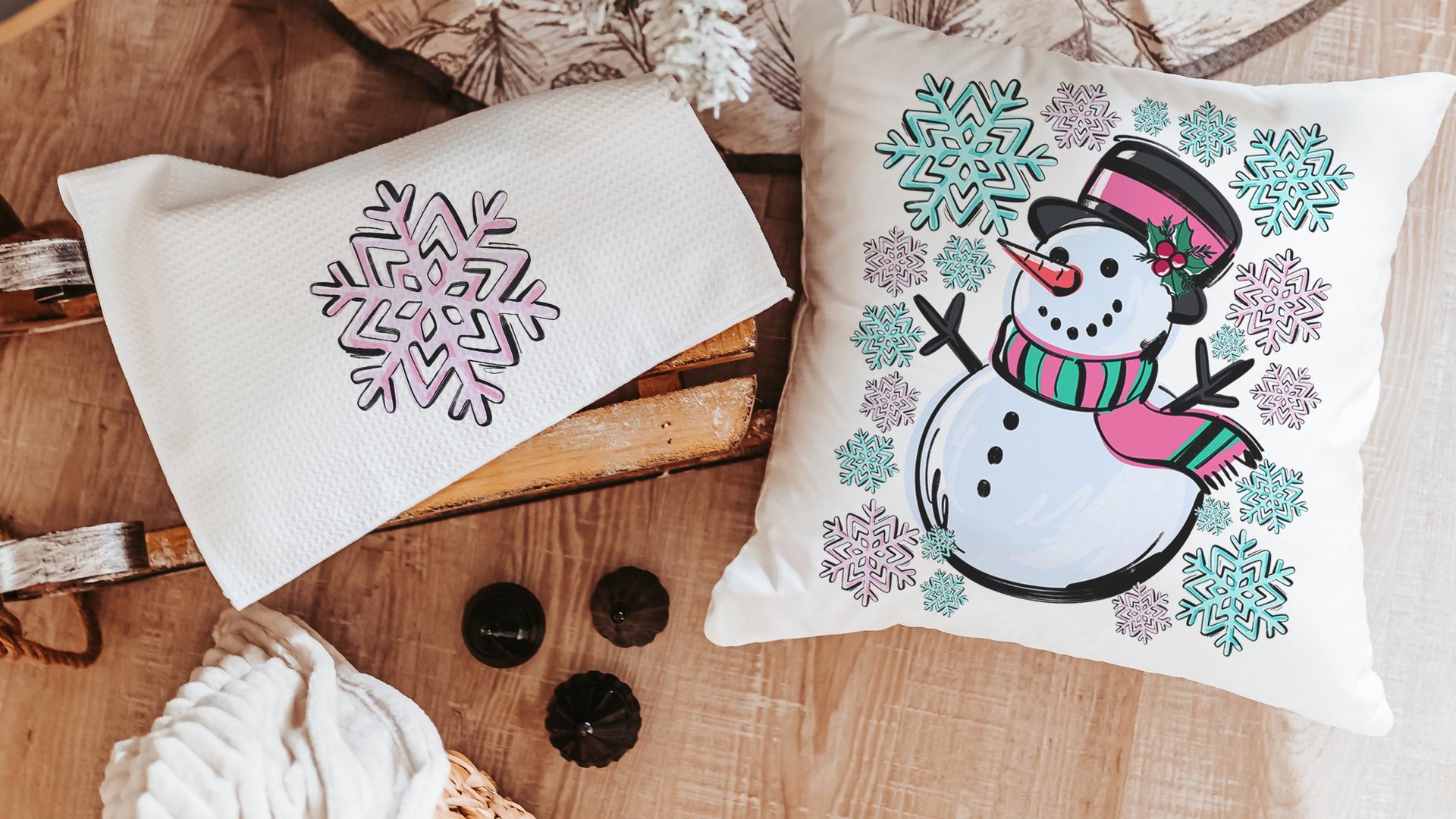 cute snowman throw pillow covers 18x18, pale pink snowflake kitchen towels, girly Christmas gifts for adult daughter, aqua Christmas decor