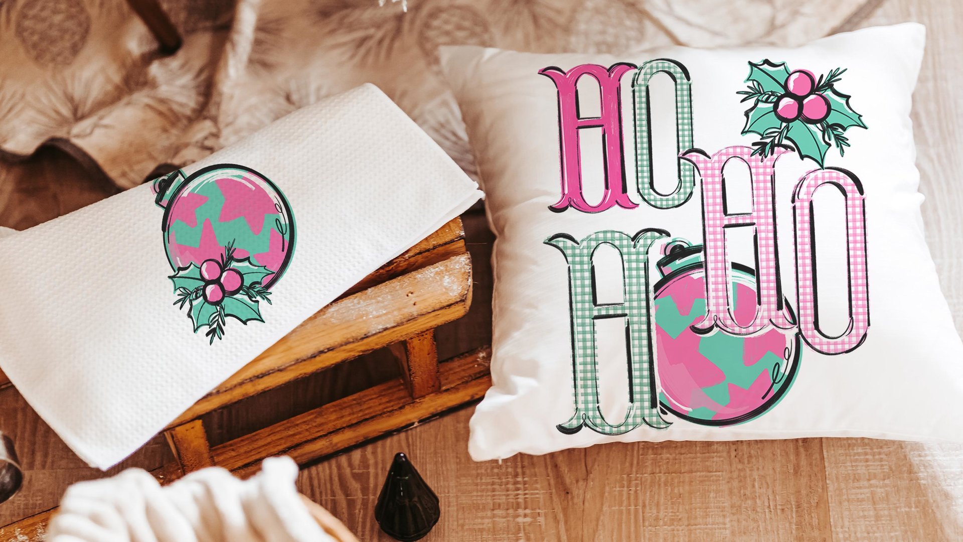 ho ho ho turquoise Christmas throw pillow covers 18x18, bright pink Christmas kitchen towels, girly Christmas gifts for adult daughter, best