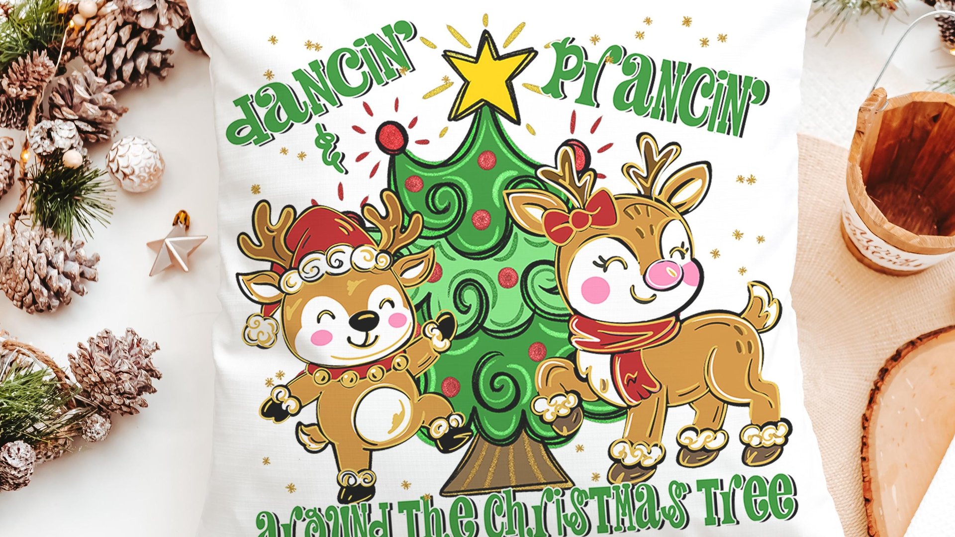 dancing reindeer pillow for girls room, reindeer gifts, trendy decorative throw pillows for chairs, whimsical Christmas gifts for home, best