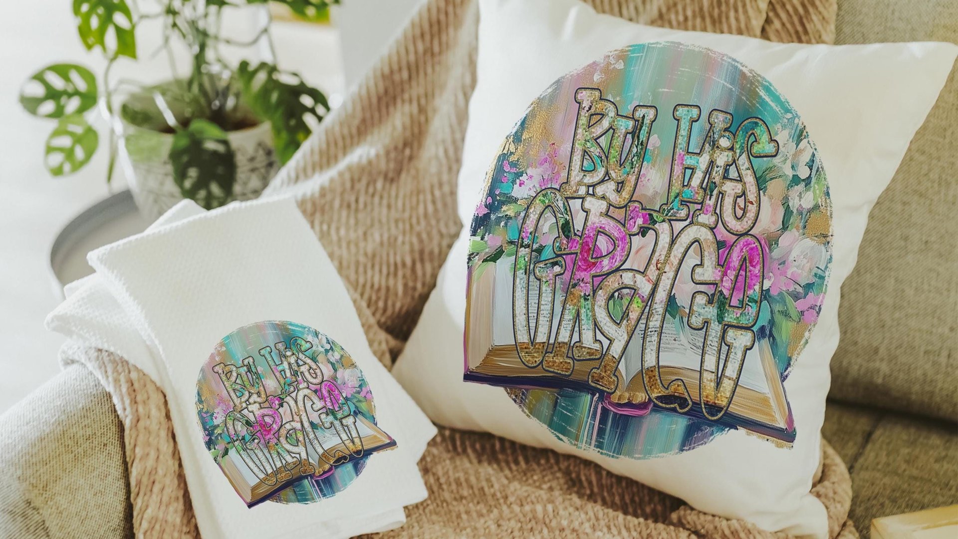 by His grace Christian kitchen towels for Mom, Christian Easter decor gift, watercolor floral hand towels for church, faith gifts for sister