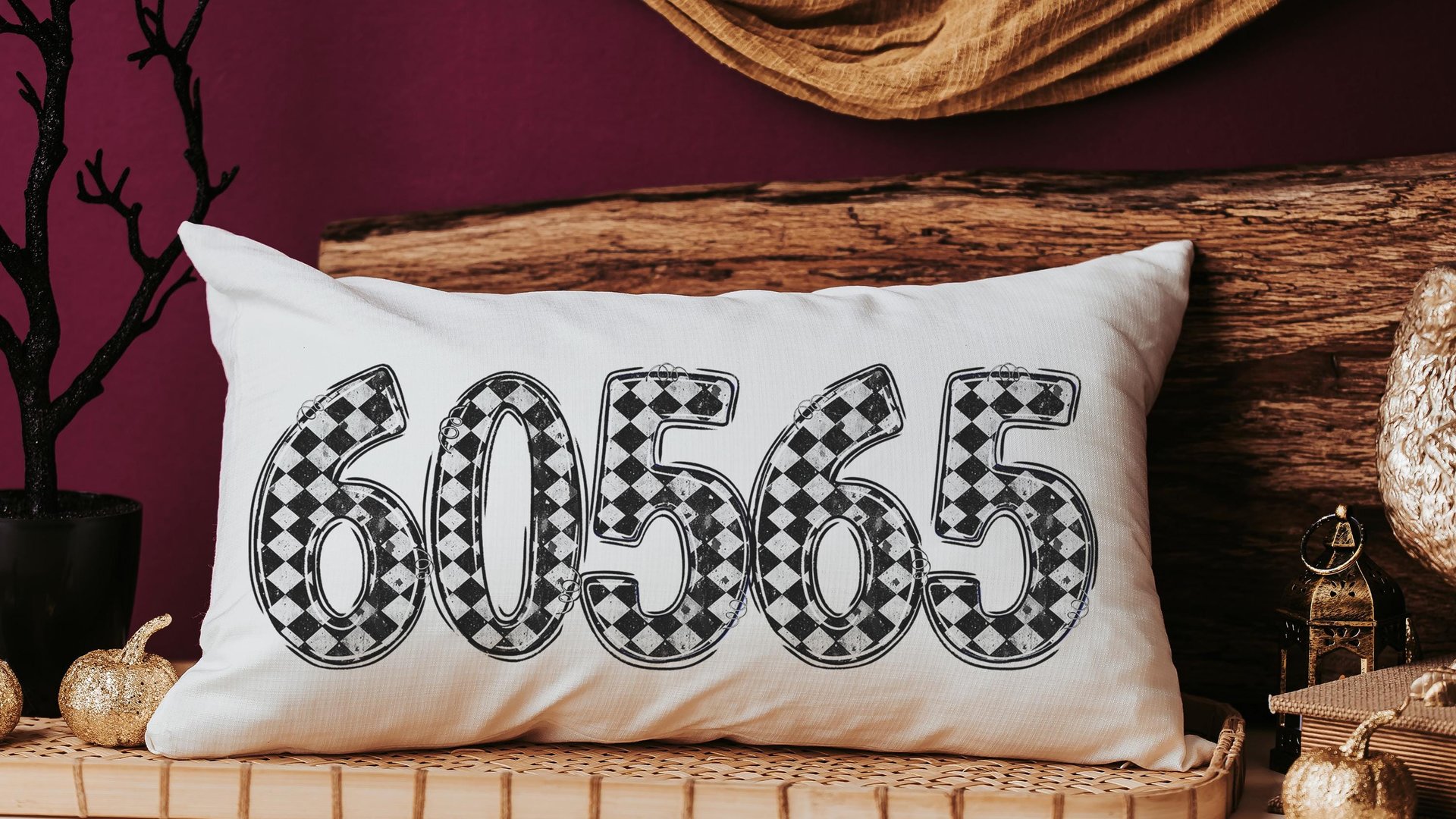 personalized black and white grunge harlequin pillow for dorm, custom zip code lumbar pillow home decor, girly gothic gifts for home, moving
