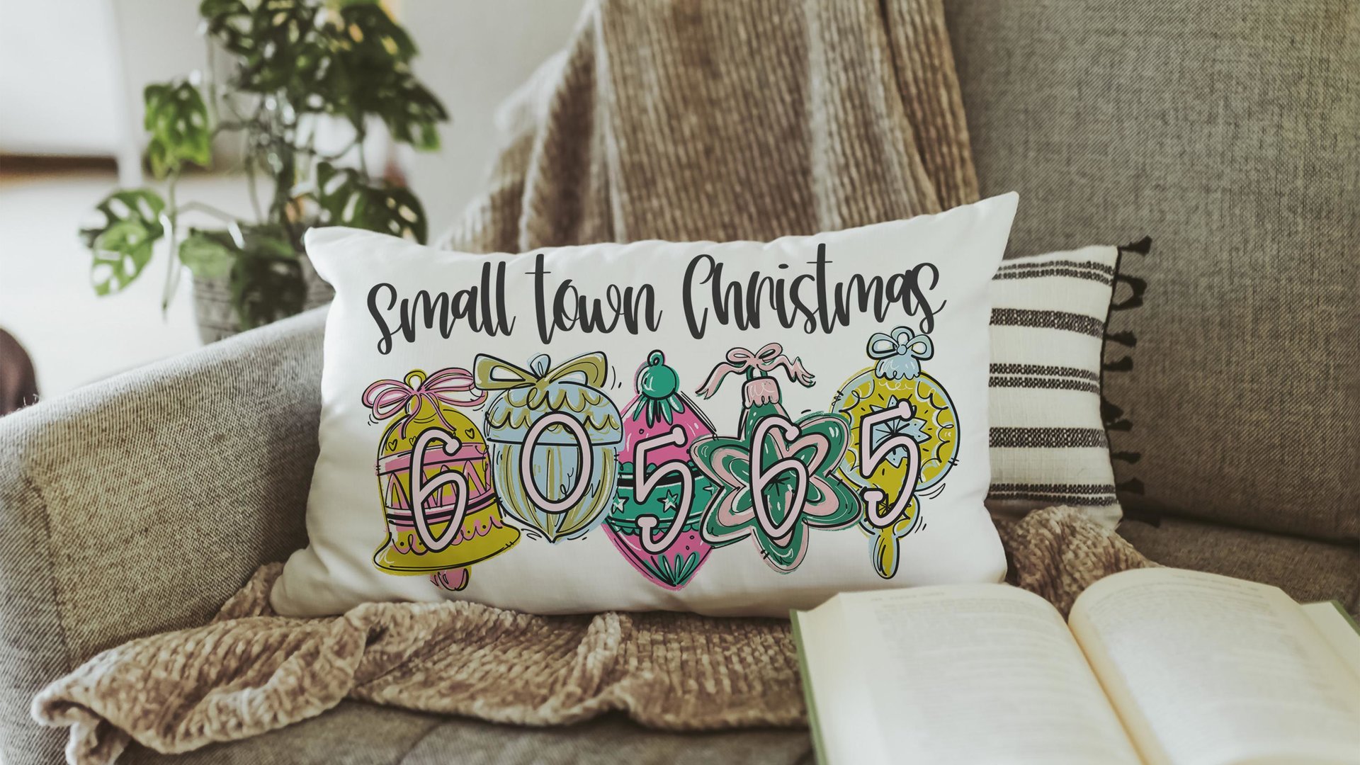 personalized zip code lumbar pillow home decor, small town Christmas hostess gifts for women, trendy decorative throw pillows best sellers