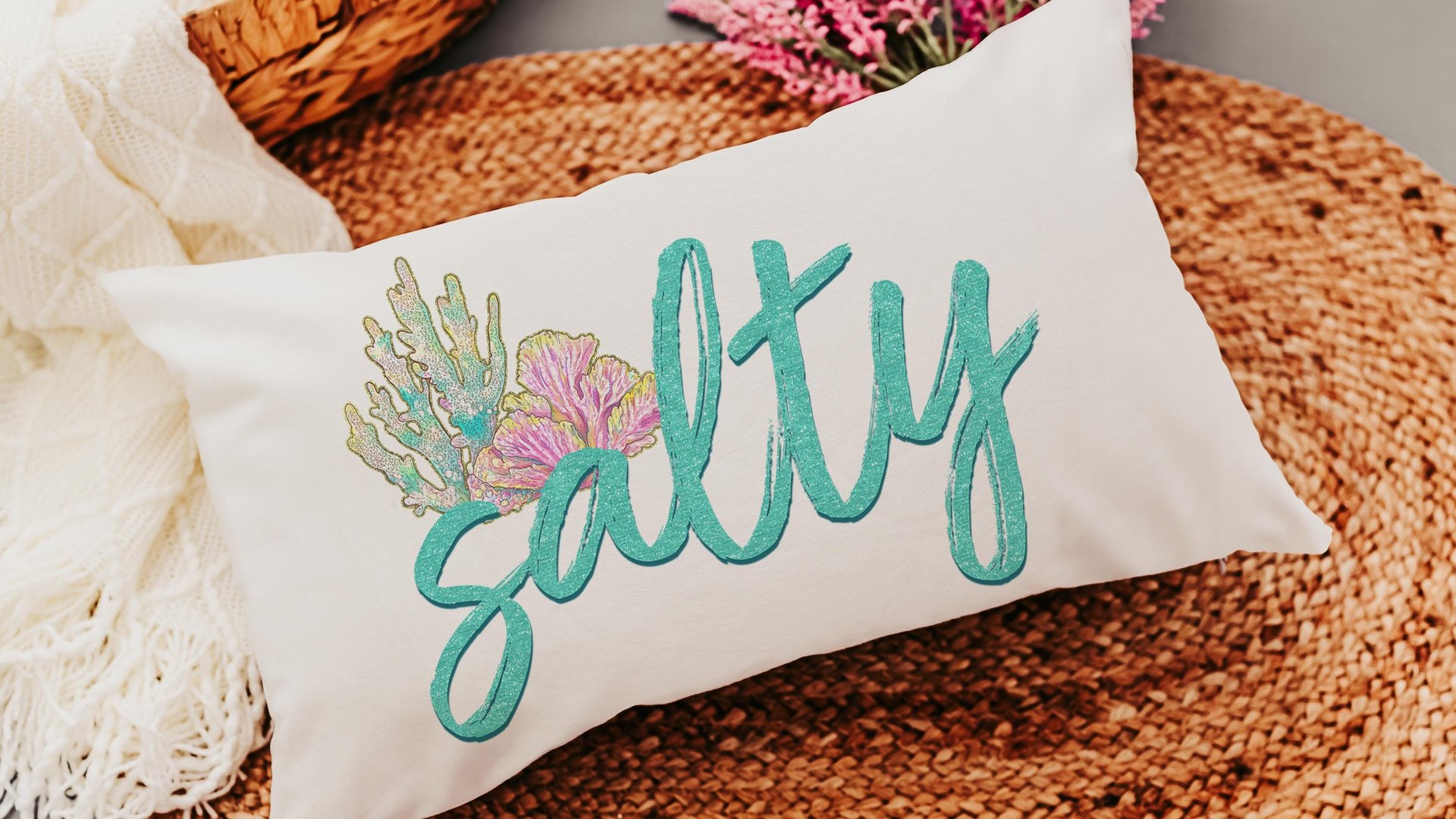 salty beach lumbar throw pillows for couch, mermaid vibes decorative pillows for girls, coastal housewarming gifts for daughter, funny gifts