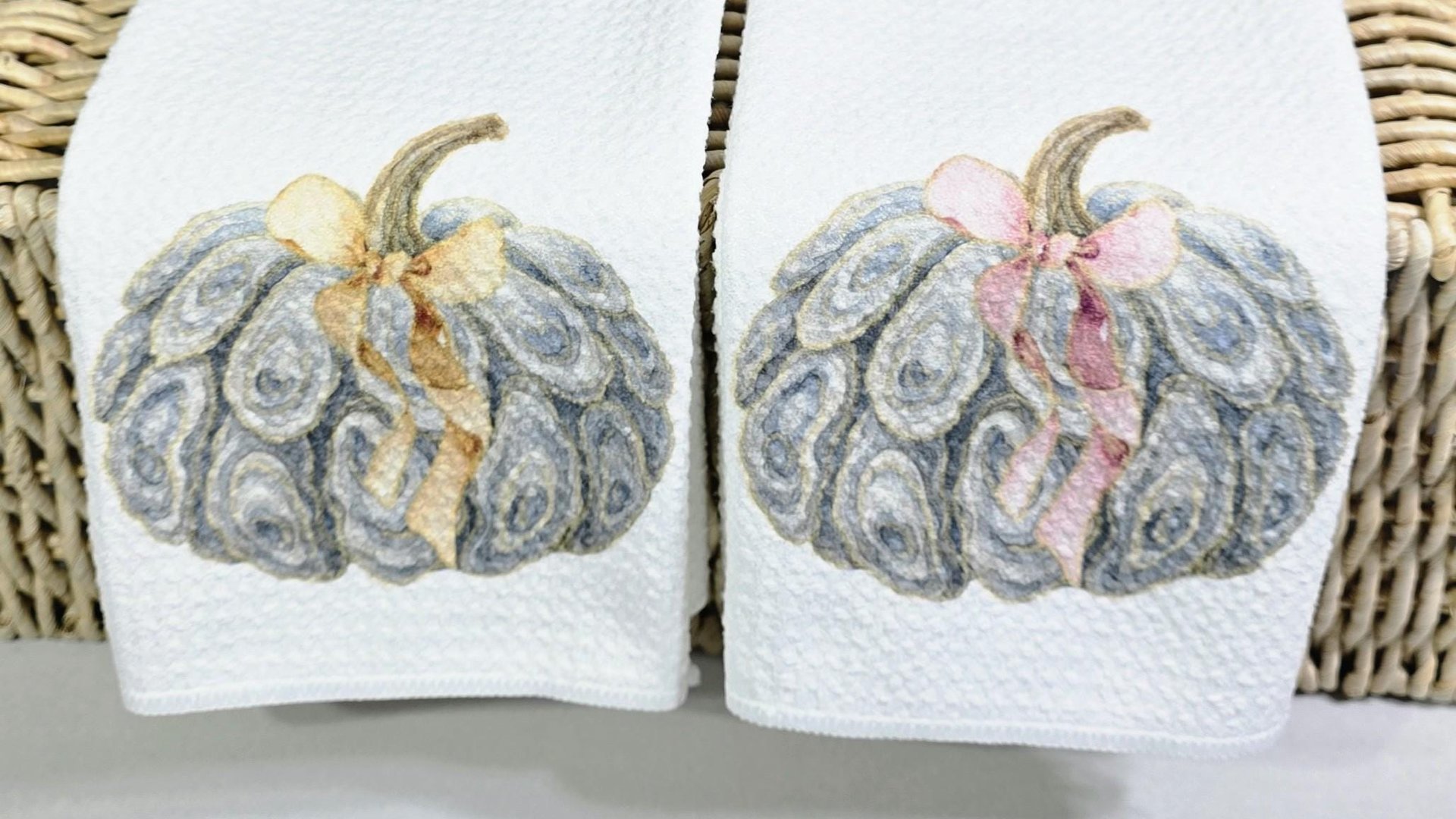 oyster shell pumpkin hand towel guest bathroom decor, nautical pumpkins autumn kitchen towels, fall coastal decor, Thanksgiving hosting gift