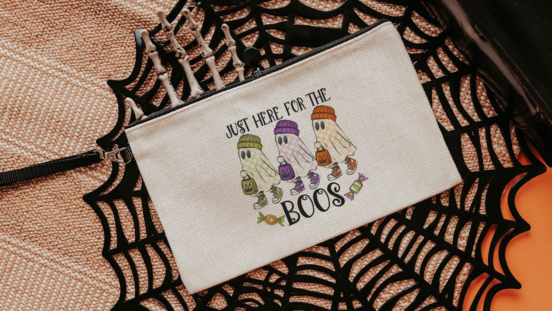 just here for the boos trick or treat bags for girls, funny Halloween tote bag for women, boo basket gifts for her, checkered ghost makeup