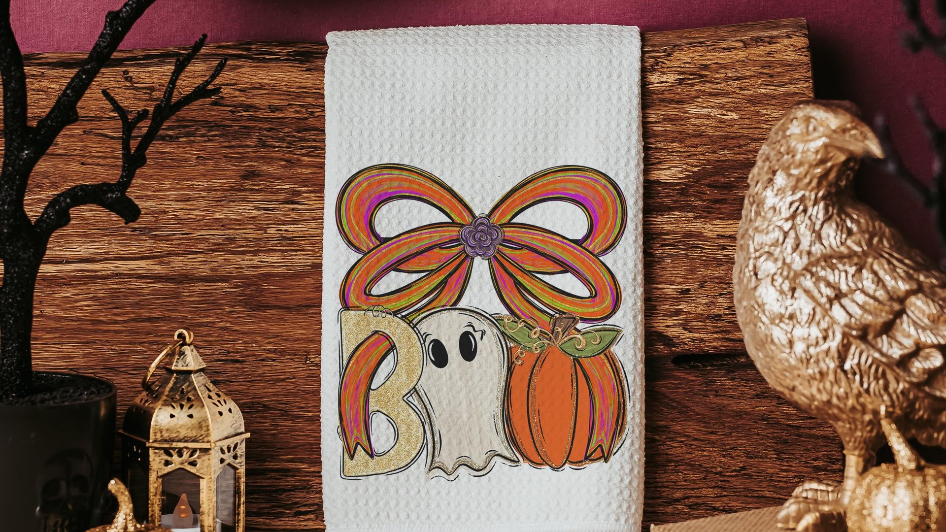 boo Halloween throw pillows for chair, boo basket gifts for her, cute ghost Halloween kitchen towels, spooky season gifts, fall host gift