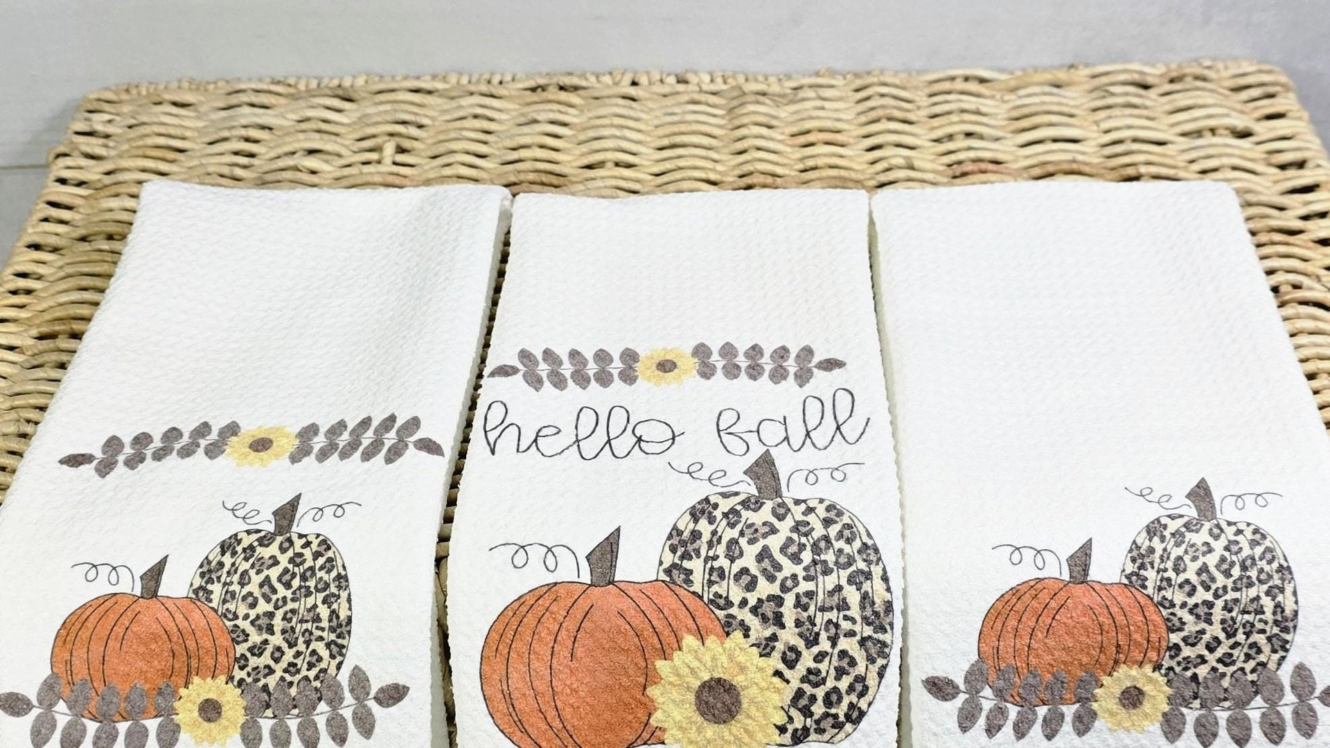 hello fall kitchen towel set, leopard pumpkin decor, sunflower gifts for Mom, new apartment gift for her, fall decorations for home, October