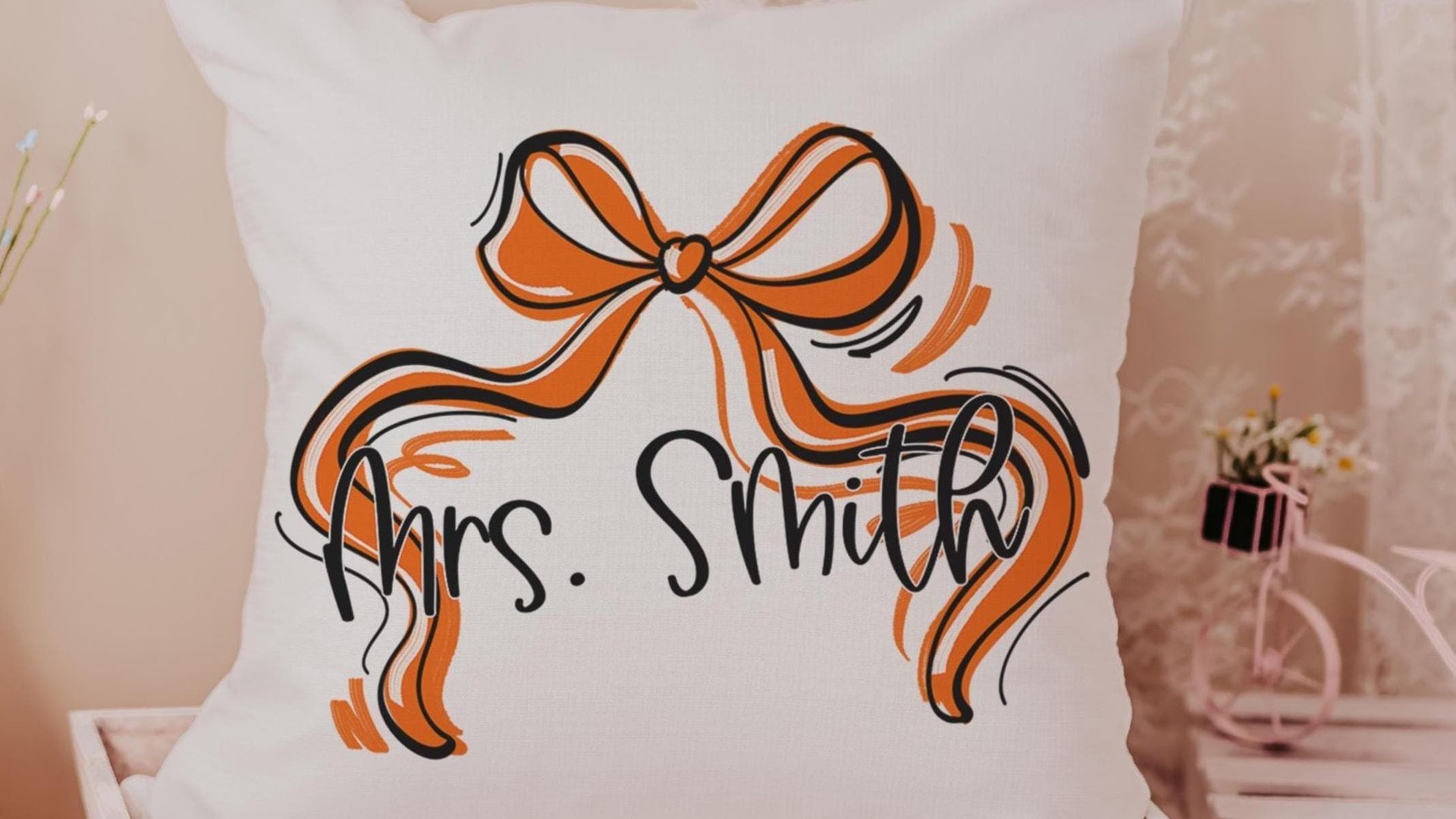 personalized fall coquette throw pillow with name, orange bow accent pillow for chair, fall housewarming gift for her, autumn decor cute