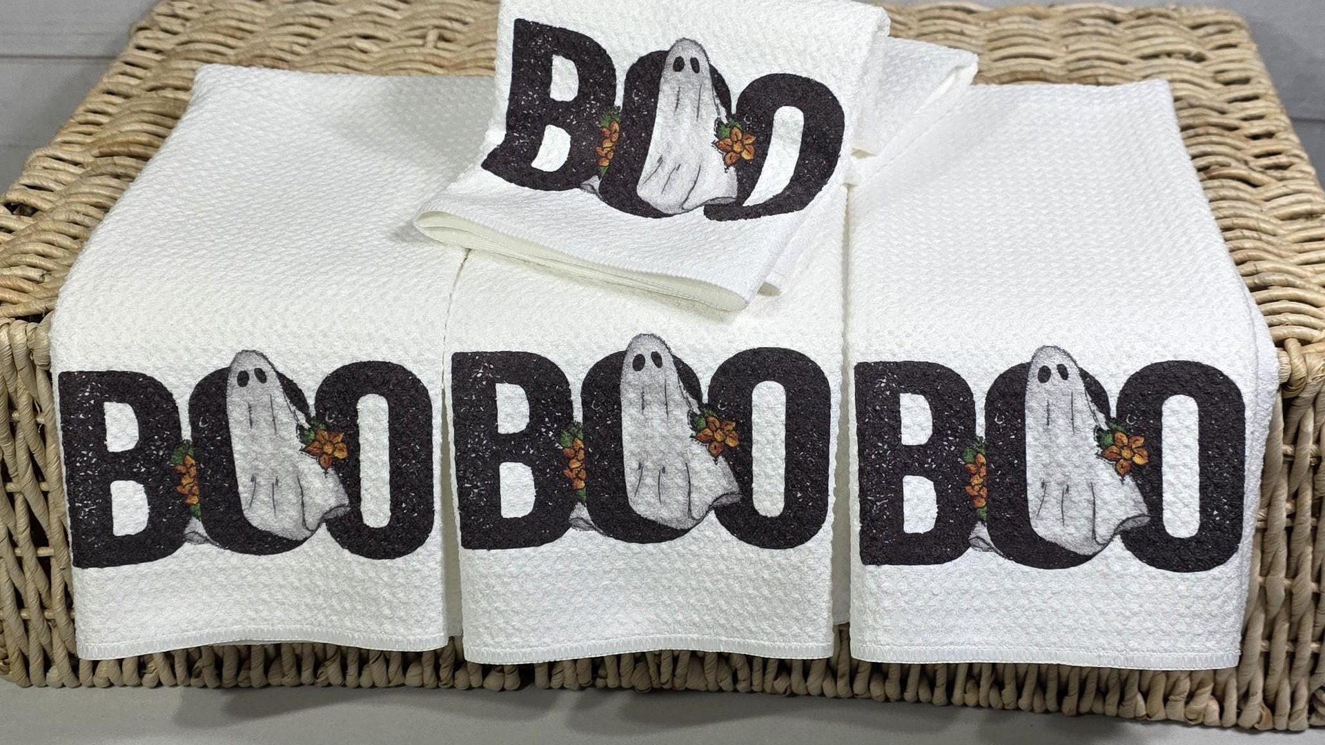 whimsical Halloween kitchen towel fall hand towels for bathroom, boo Halloween decorations for home, floral ghost kitchen decor, spooky cute