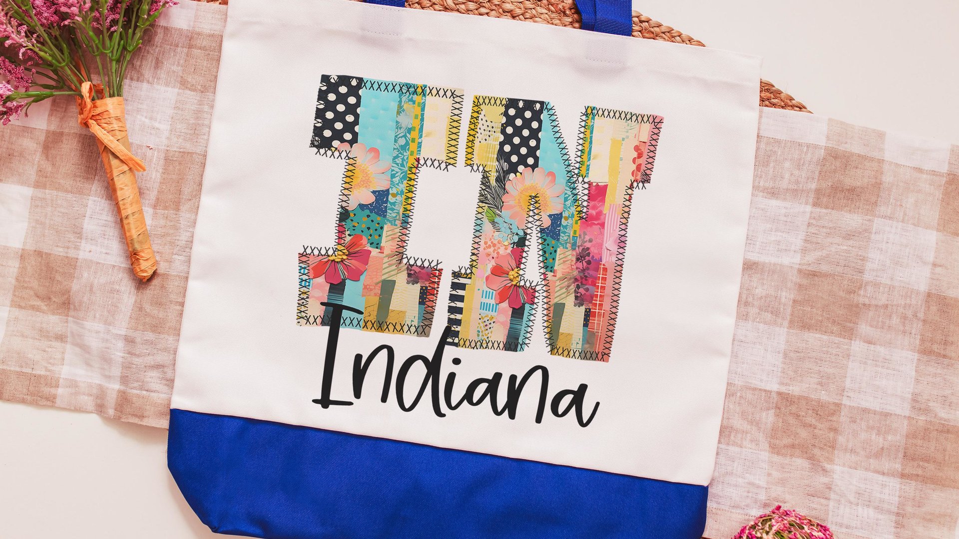 faux patchwork Michigan tote bag for library books, Michigan Christmas gifts for realtors, boho Michigan girls trip tote bags for women