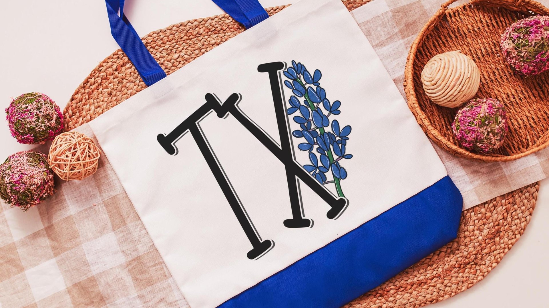 TX eclectic cute Texas tote bag for plant lovers, Texas Christmas gifts for gardeners, Texas state flower bluebonnet bag for gift, new