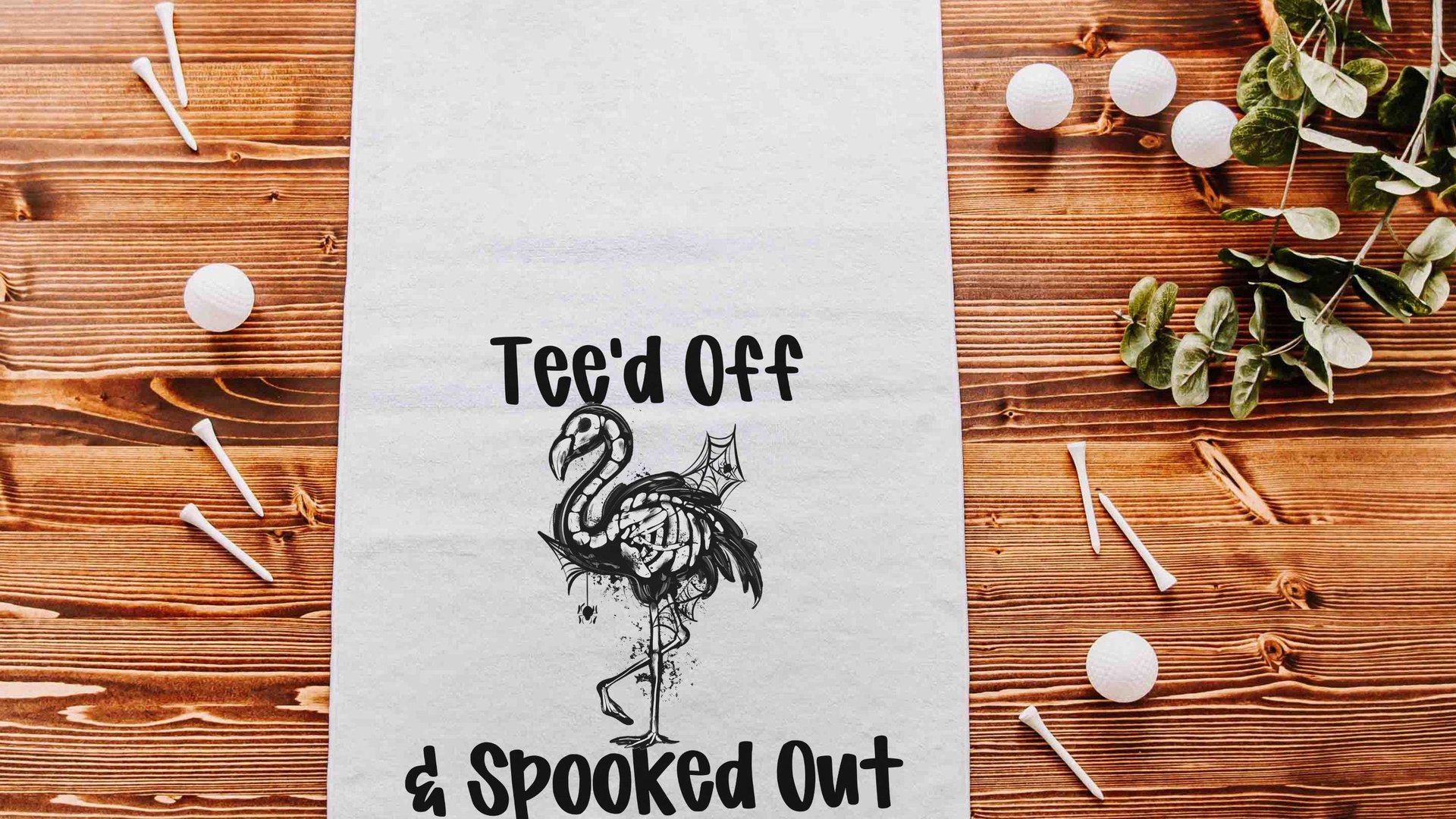 flamingo skeleton funny golf towels with grommet, Halloween golf ball towel with hook, flamingo gifts for women, spooky cute golf gifts for