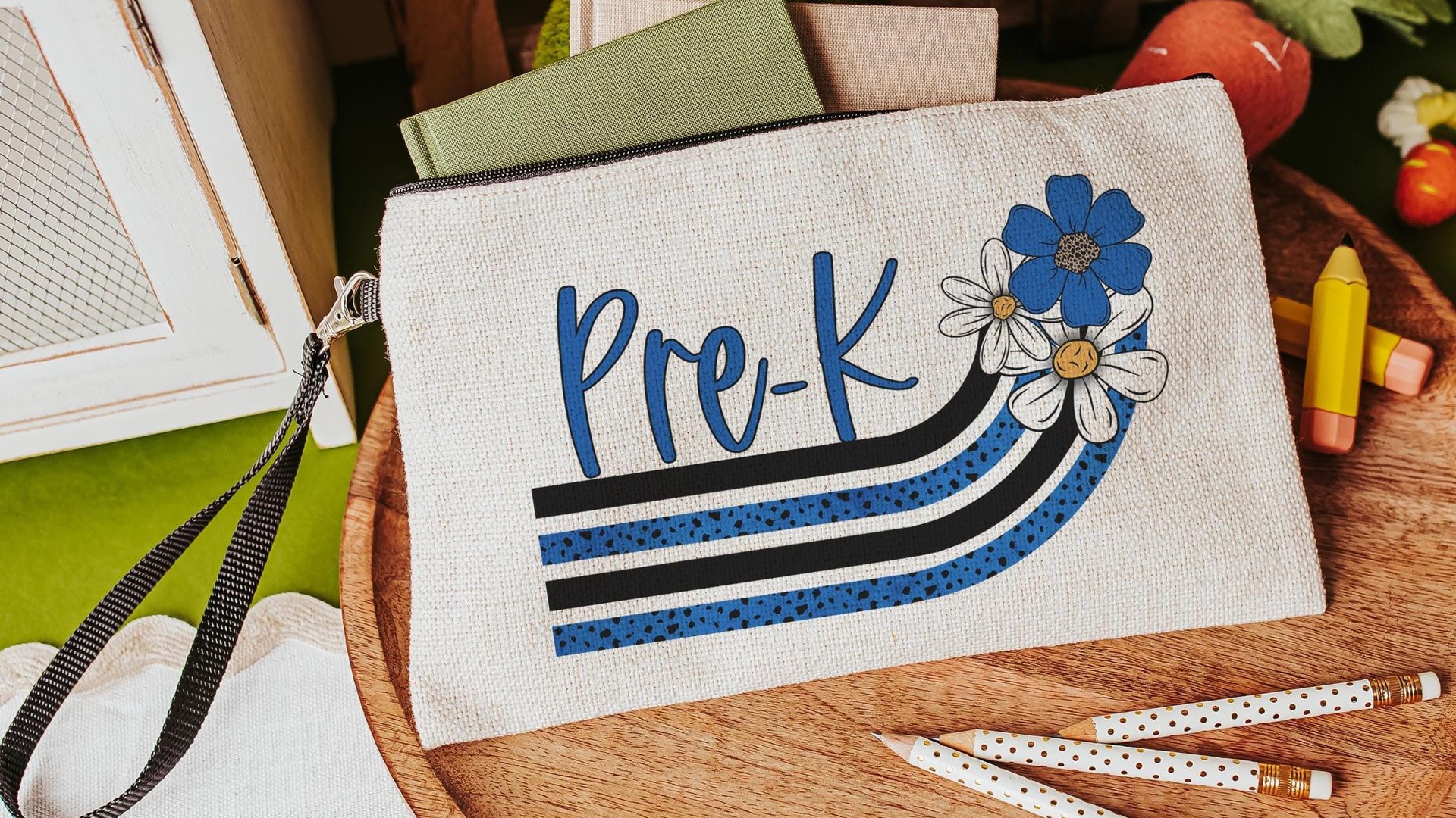 orange and white daisy pencil pouch personalized cute makeup bag, orange school spirit school supplies, first grade teacher gifts for women