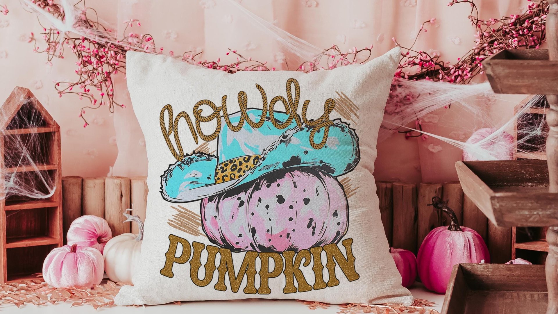 howdy pumpkin throw pillows for living room, fall cowgirl pumpkin pillow cover 18 x 18, pink pumpkin decor, fall host gift, western pumpkin